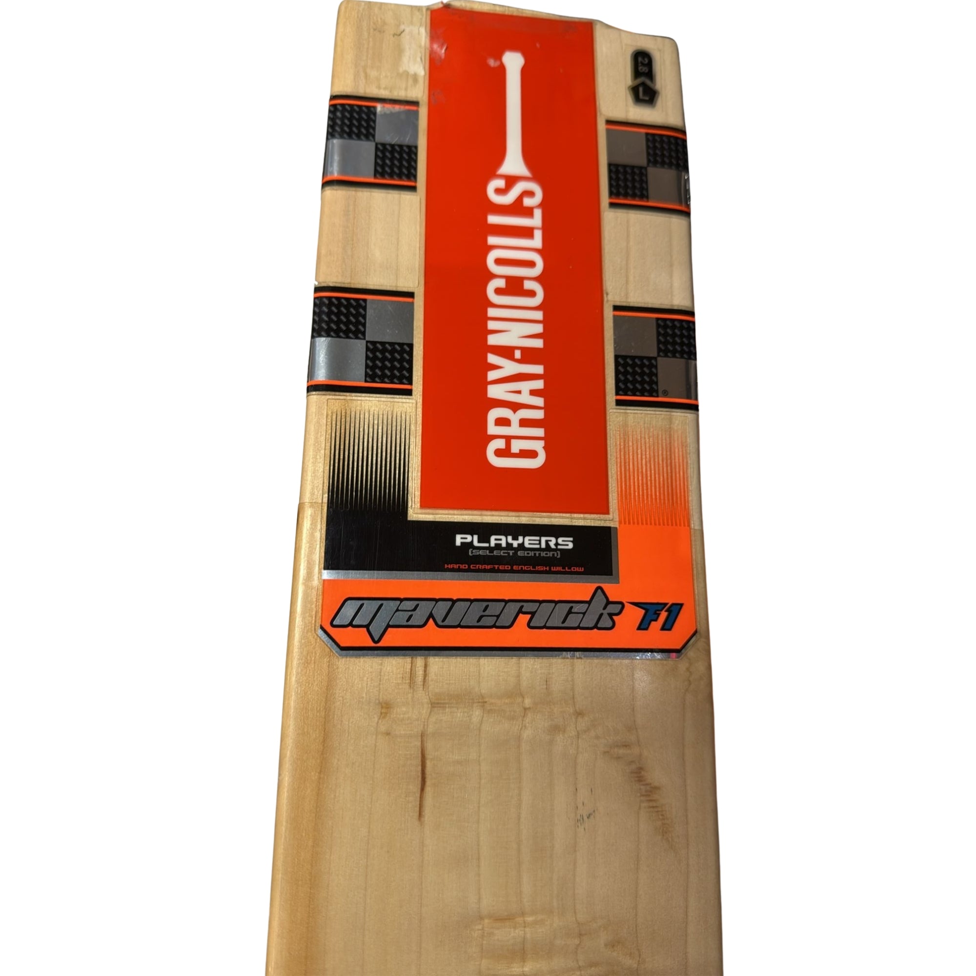 Wooden cricket bat with Gray-Nicolls branding on an orange label