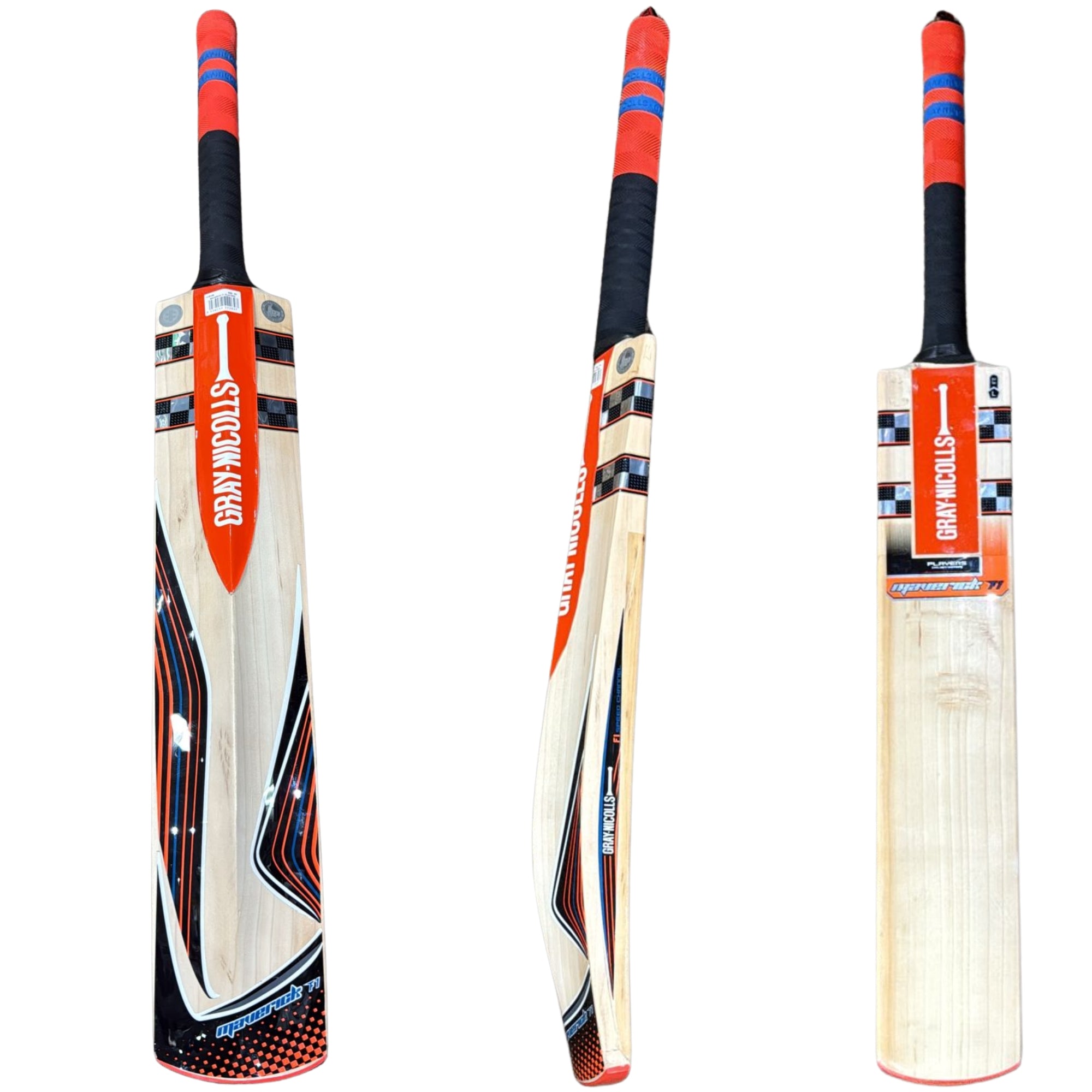 Three views of a cricket bat with a gray nicolls brand logo on a white background