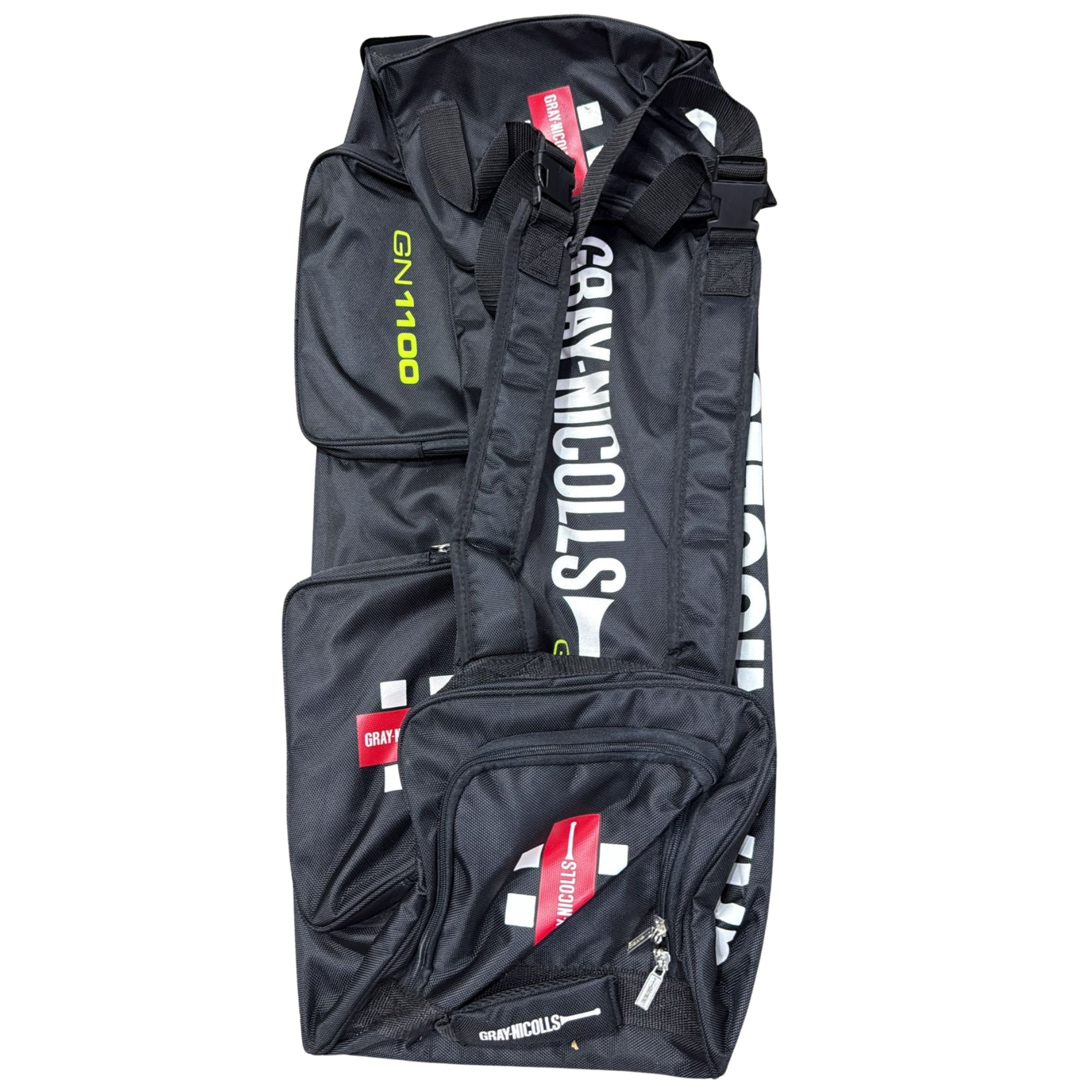 Black sports bag with visible branding on a white background