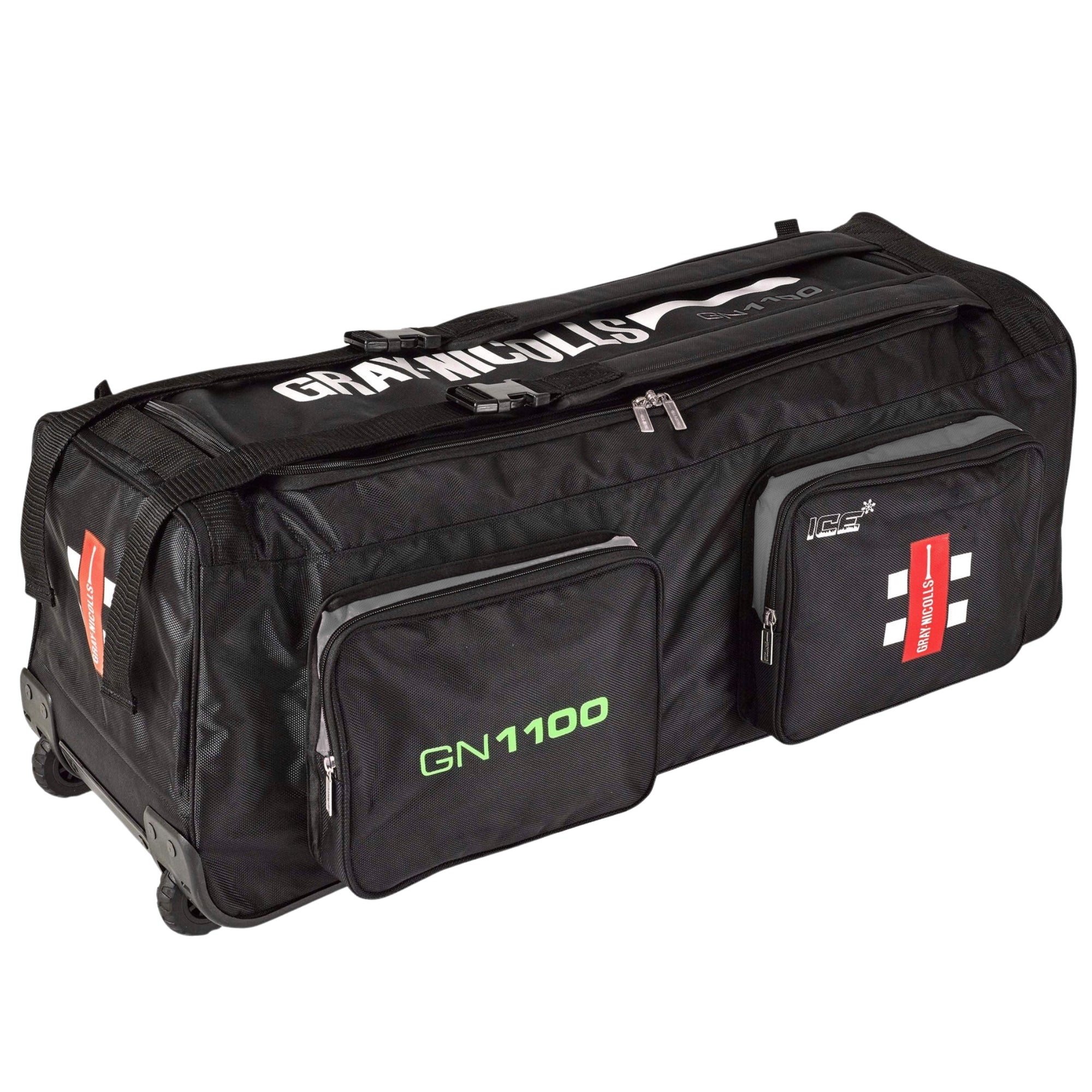 Black sports bag with visible branding on a white background