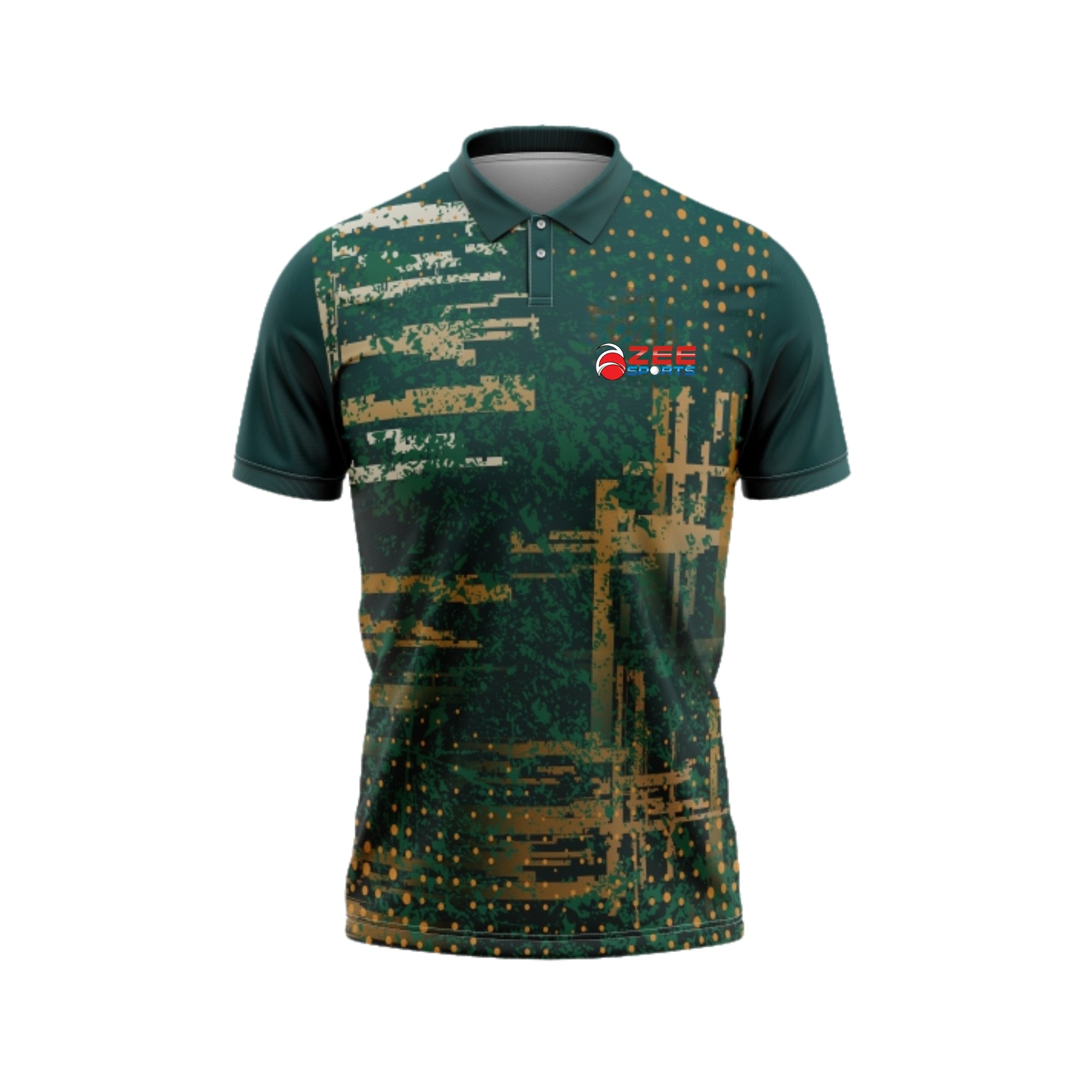 Green patterned polo shirt with a brand logo on a white background