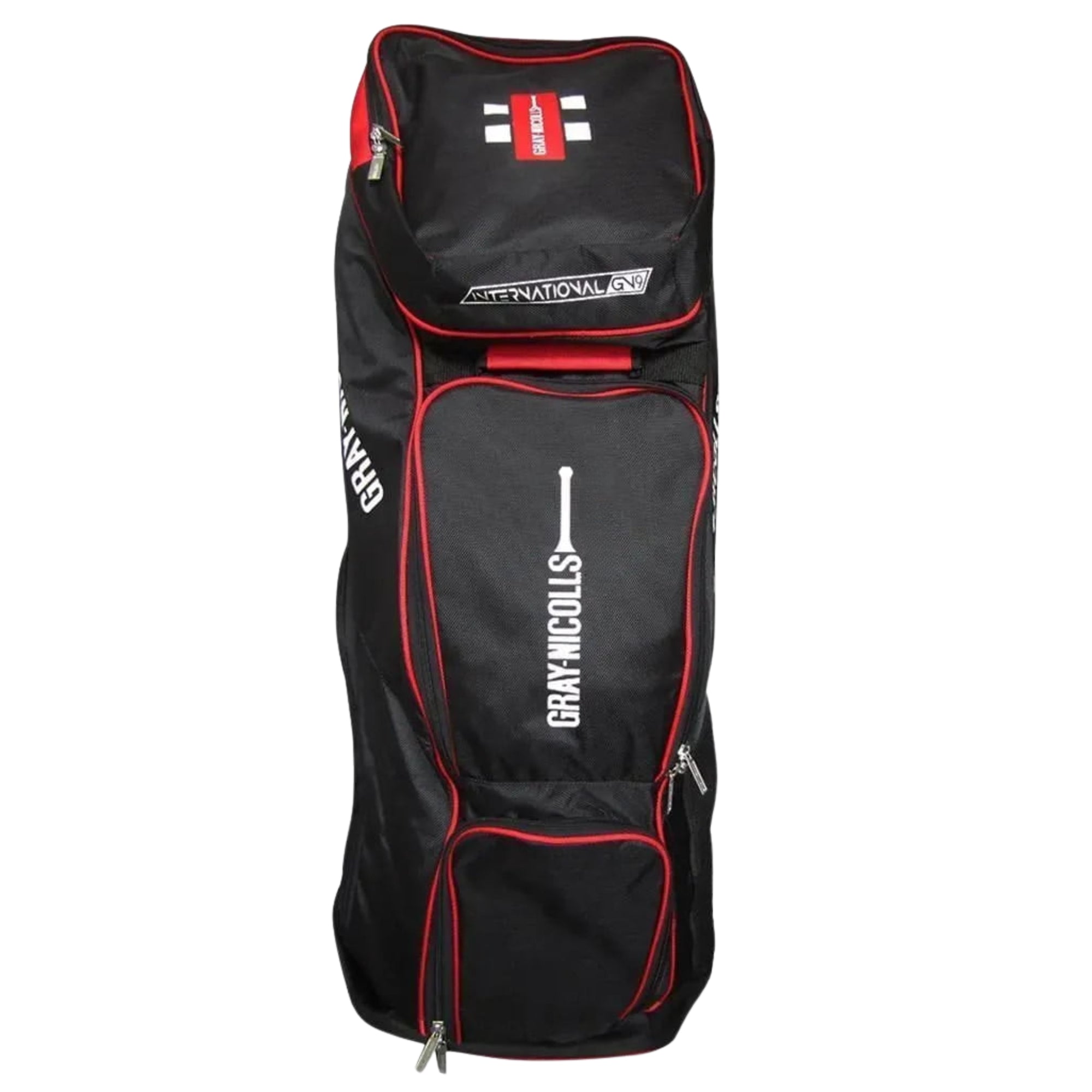 Black and red sports bag with visible branding on a white background