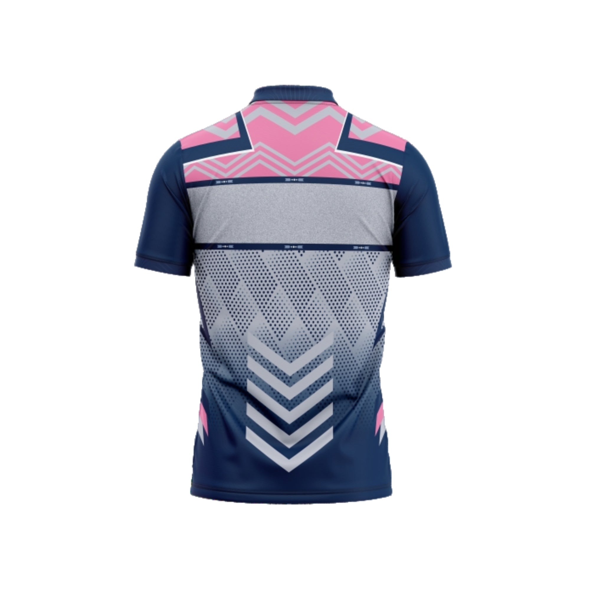 Navy and pink sports jersey with geometric patterns on a white background
