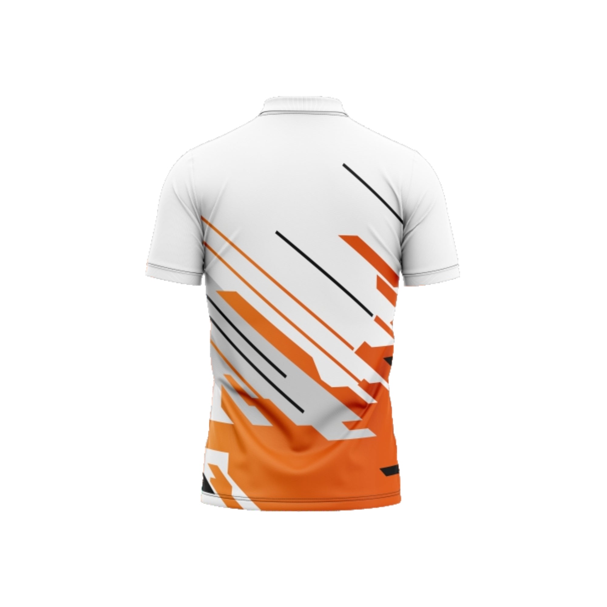 White and orange sports jersey with black accents on a white background