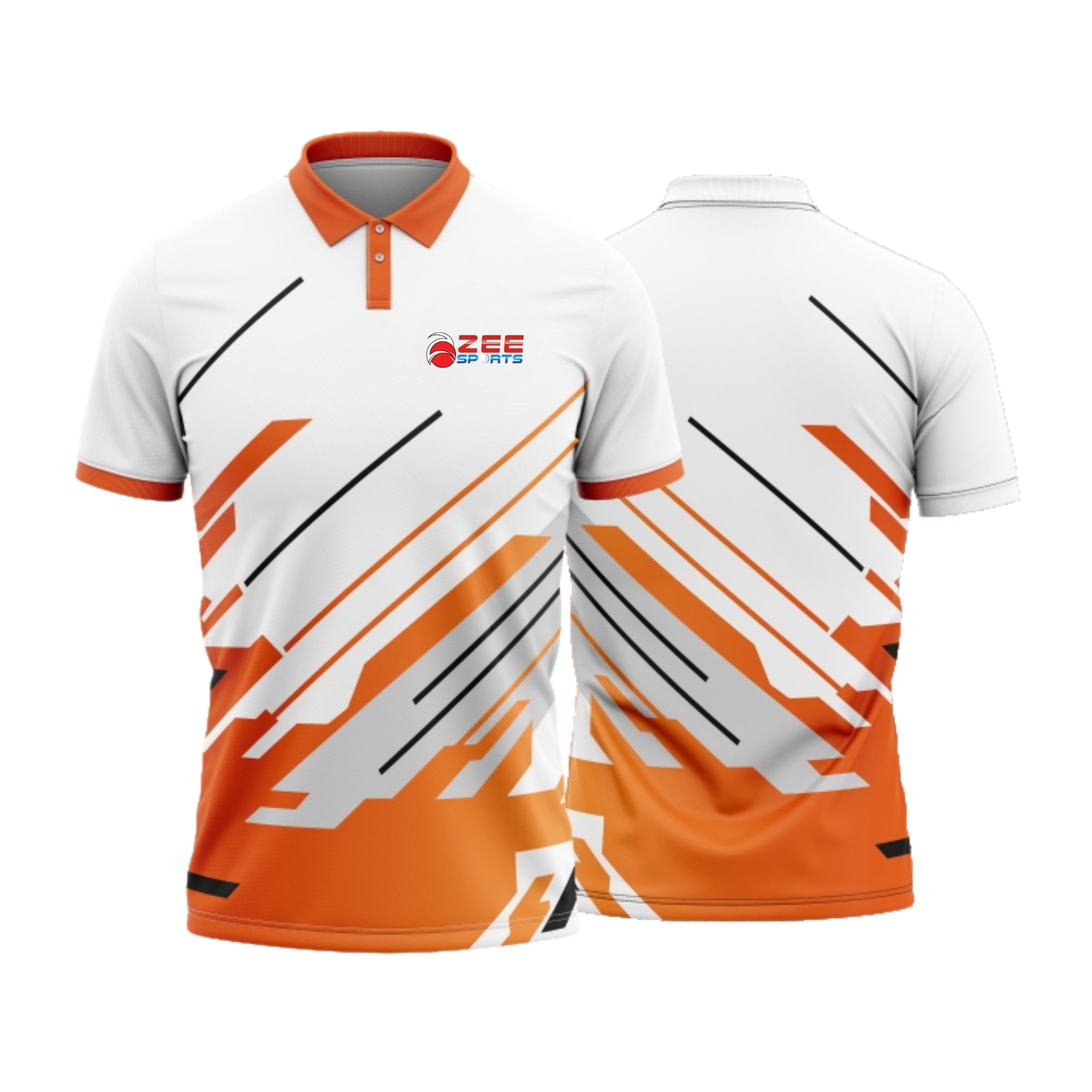 White and orange polo shirt with geometric design on a white background