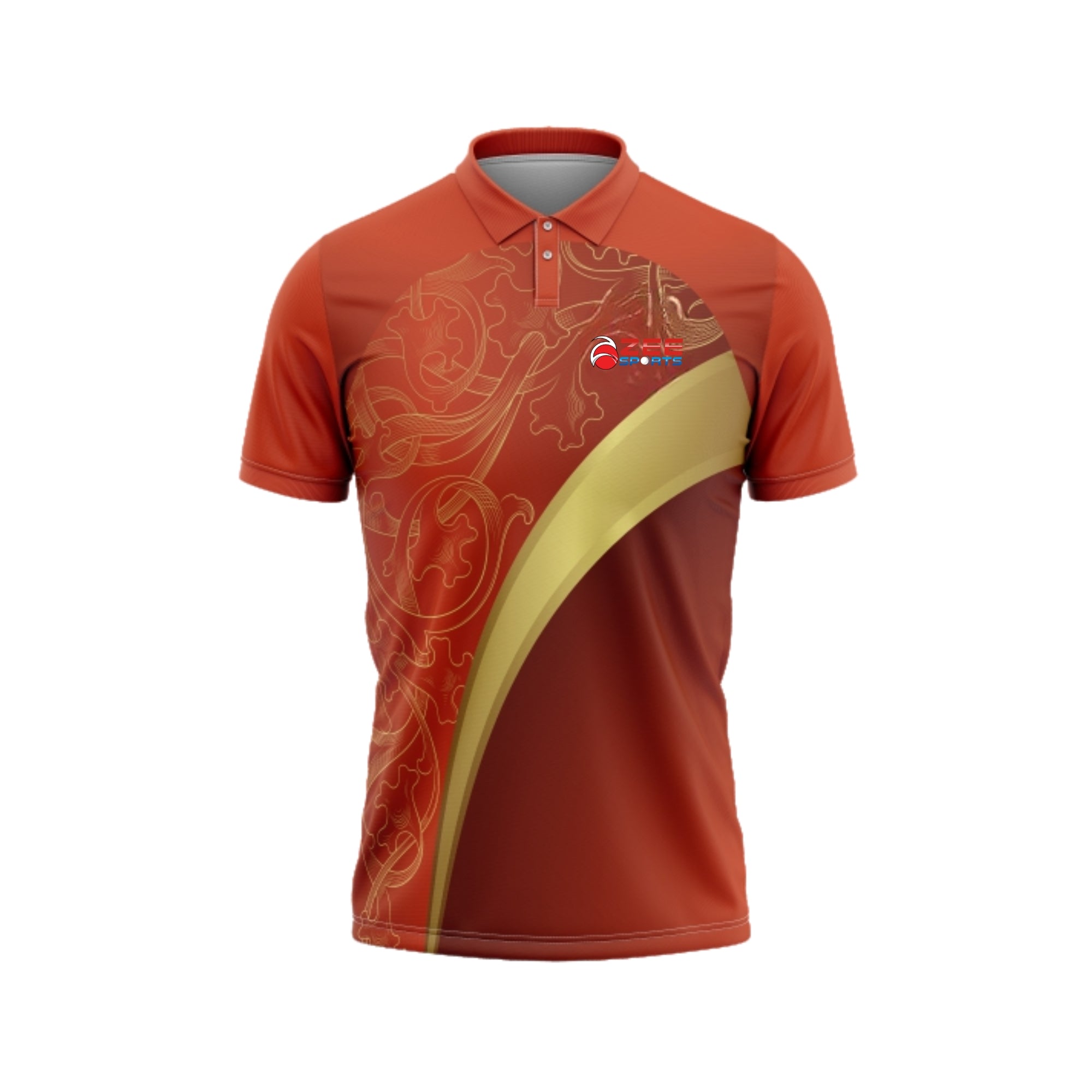 Orange polo shirt with a gold design on a white background