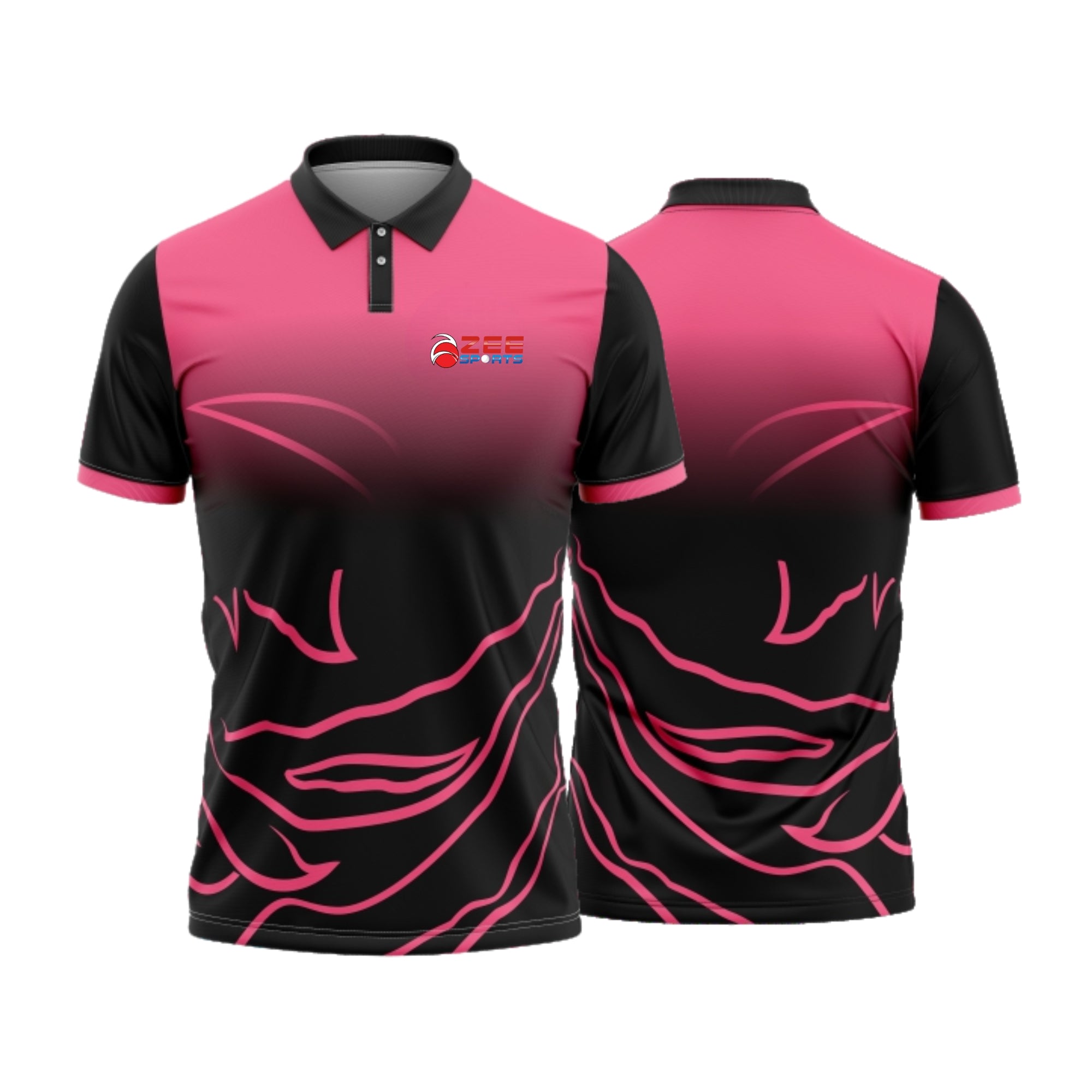 Pink and black polo shirt with a logo on a white background