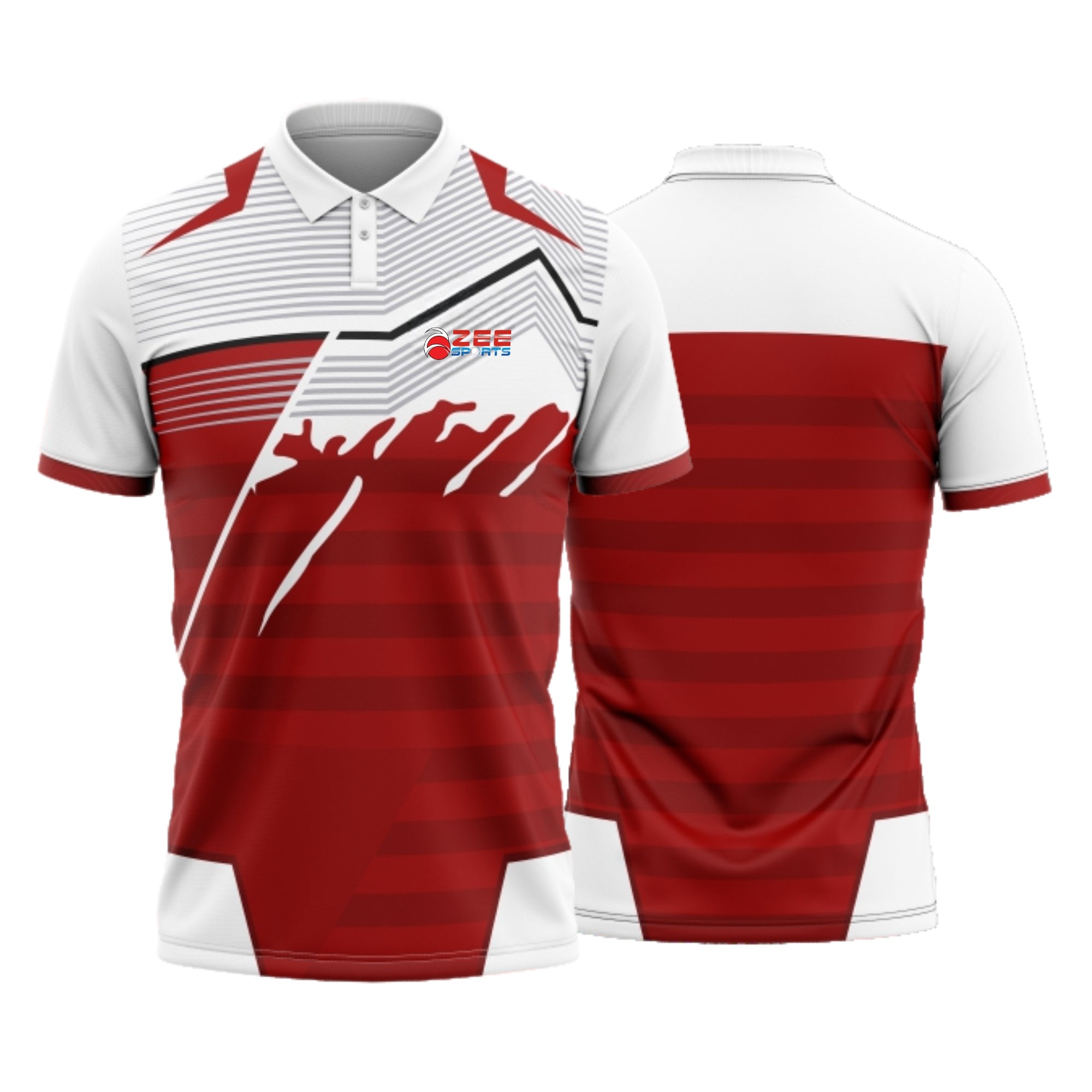 Red and white sports jersey with a logo on a white background