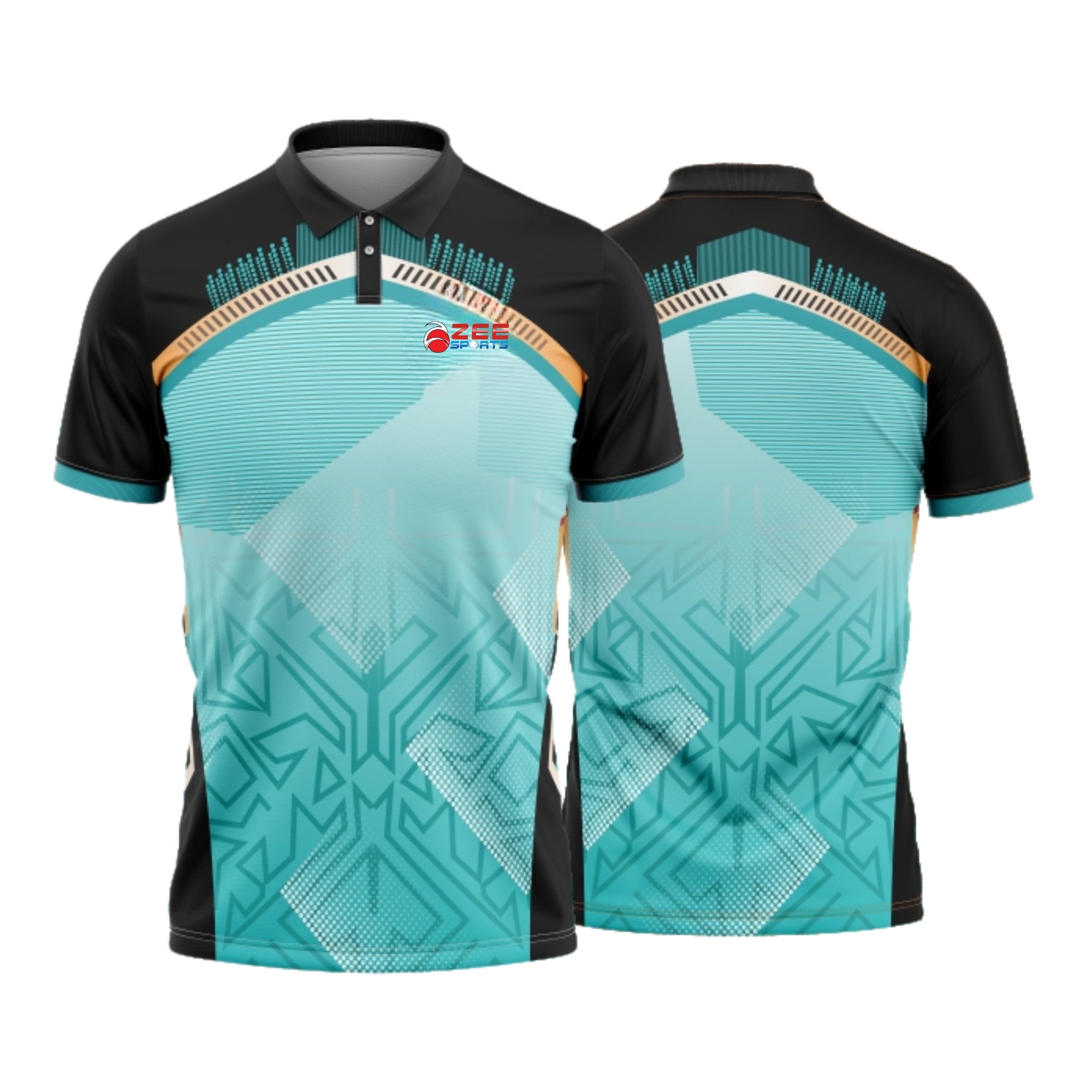 Black and teal sports jersey with geometric patterns on a white background