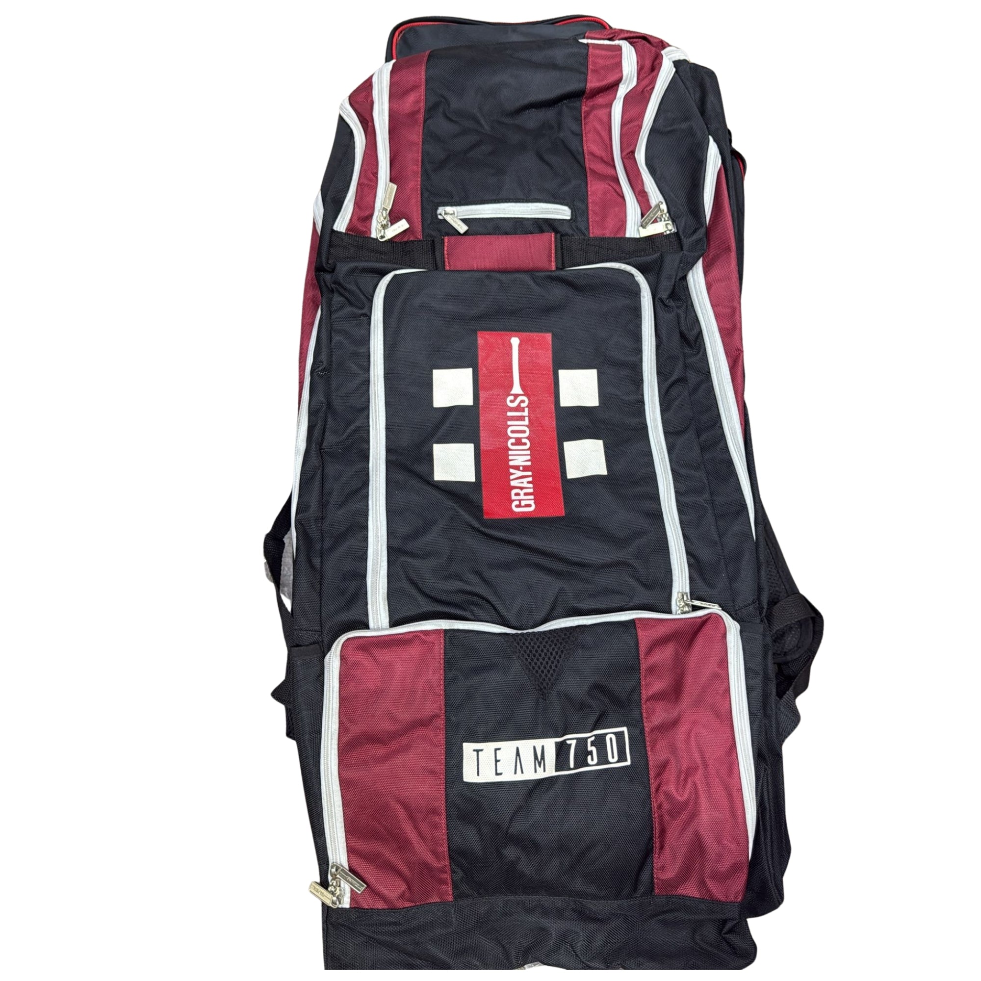 Black and red sports bag with visible branding on a white background