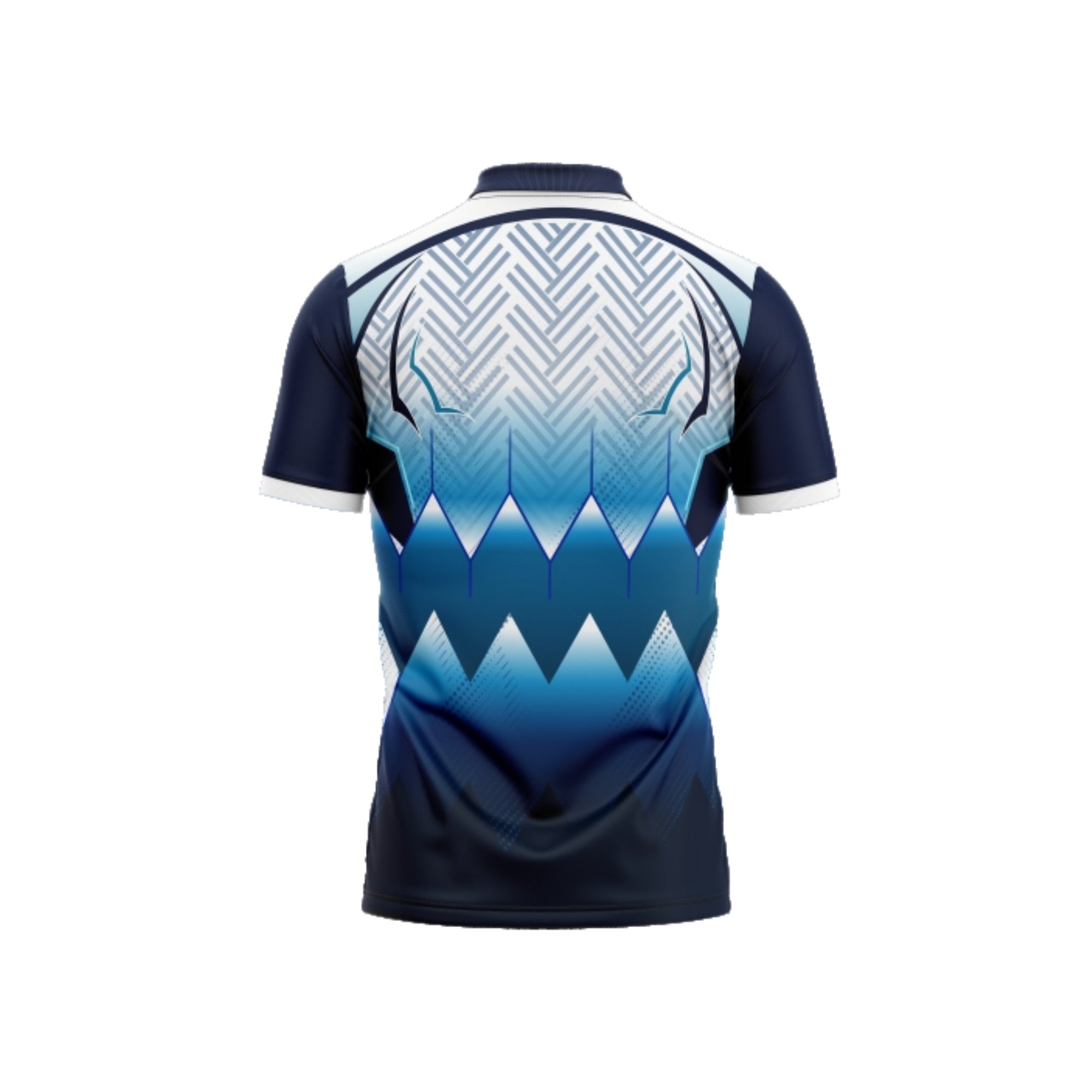 Navy and blue sports jersey with geometric pattern on a white background