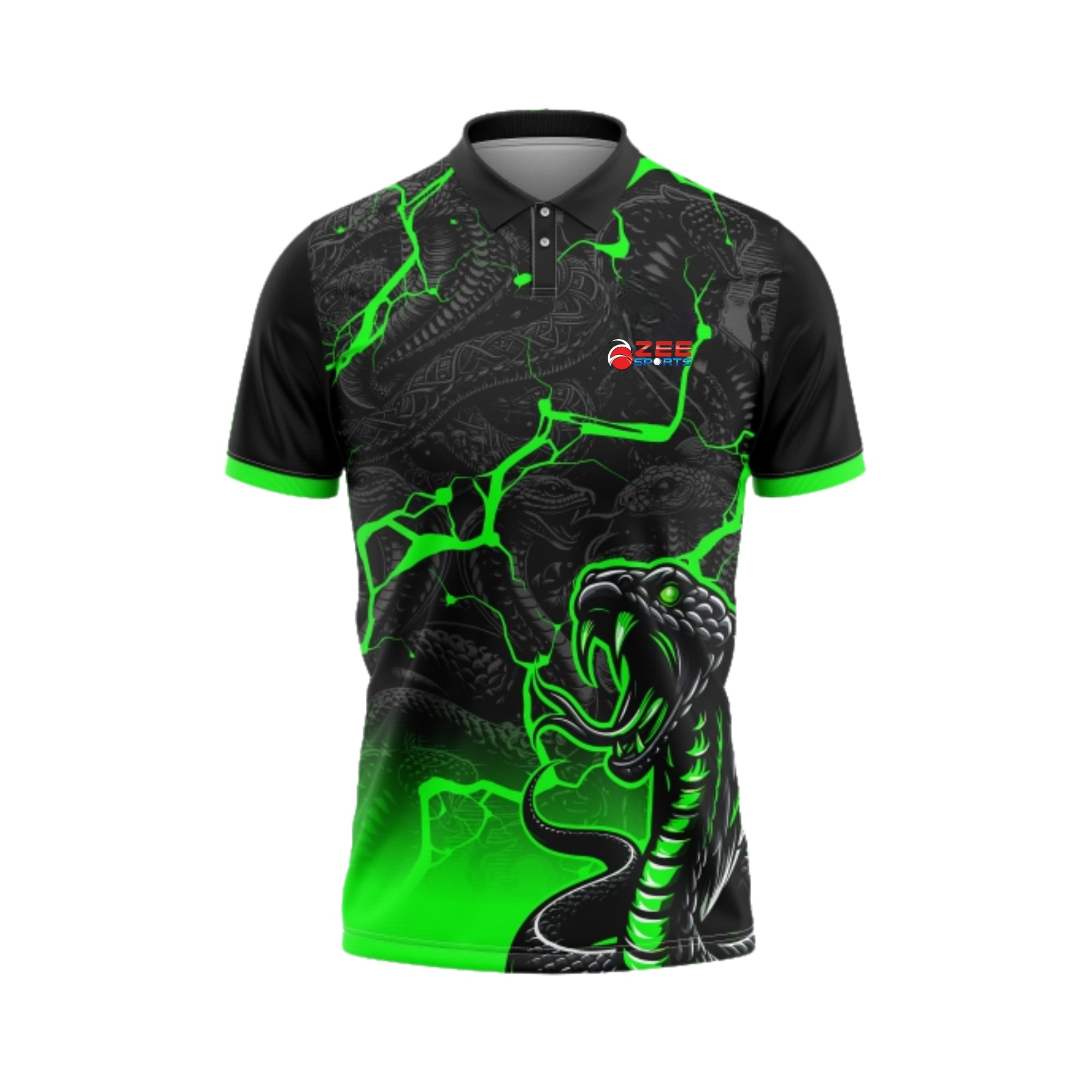 Black and green polo shirt with snake design on a white background