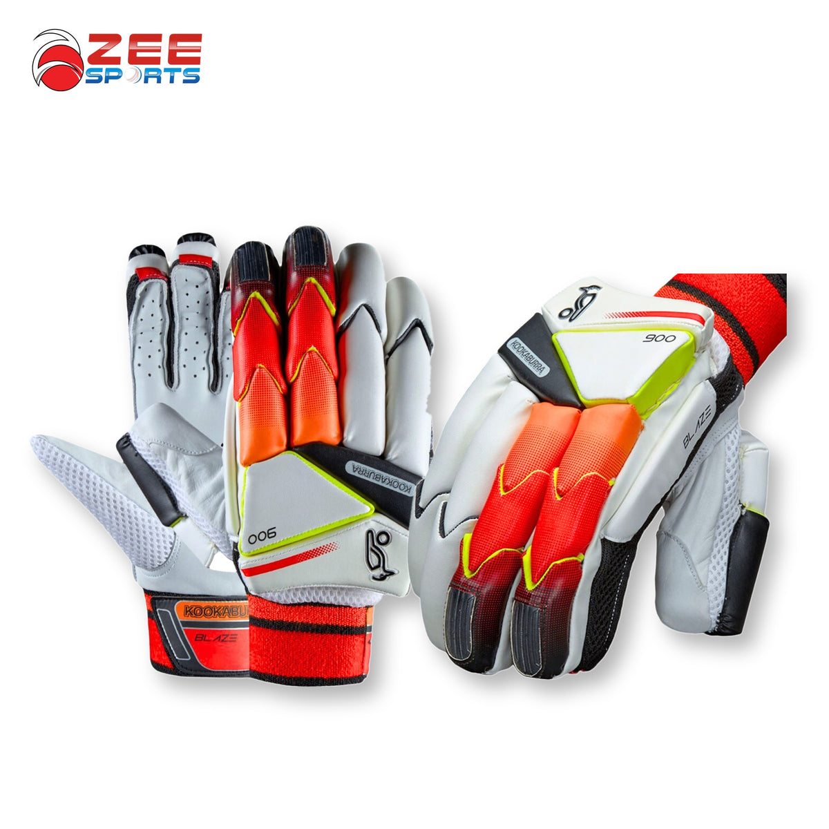 Kookaburra Blaze 900 White/Orange/Red adult right-handed batting gloves close-up