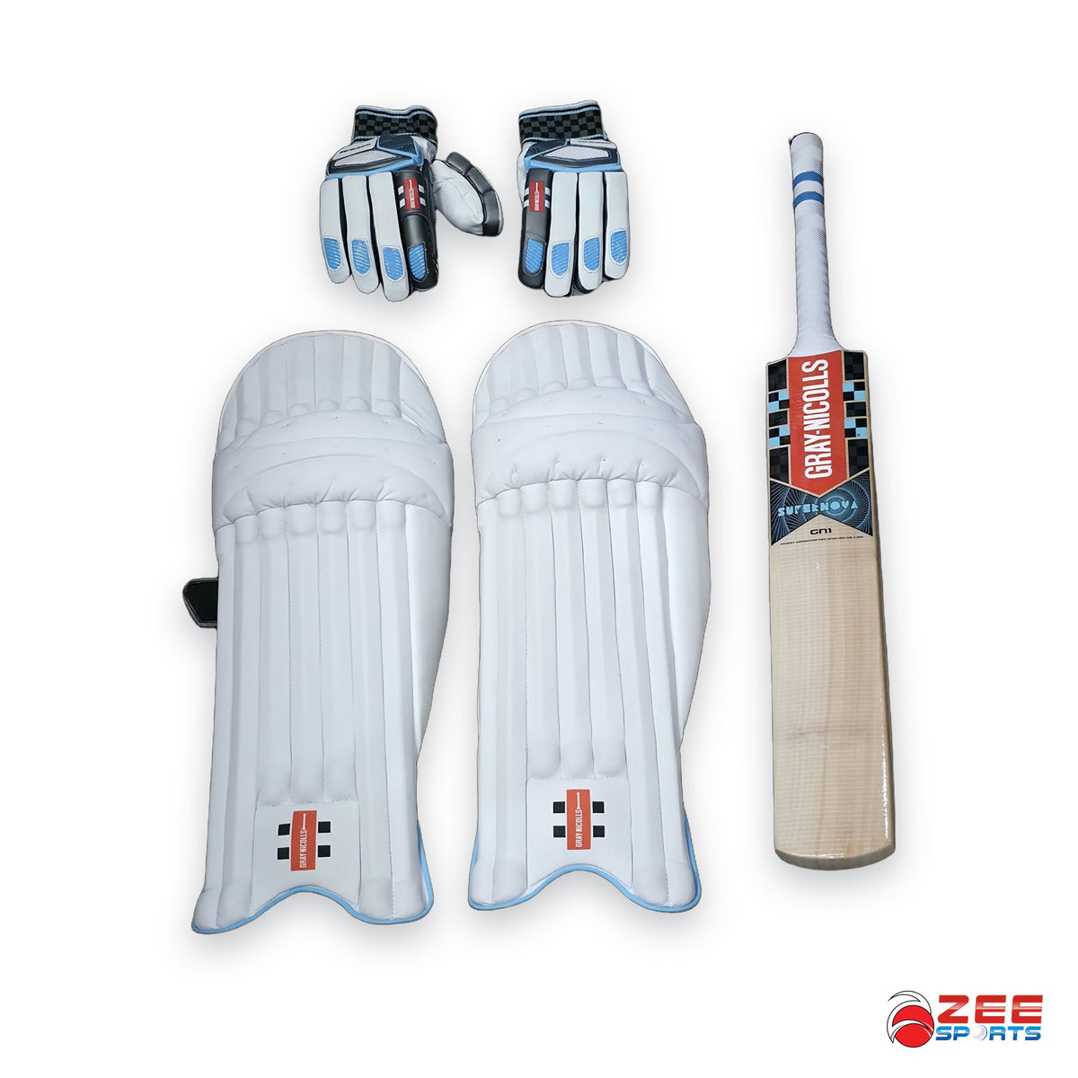 Gray Nicolls Supernova GN1 bat with Supernova 500 gloves and pads