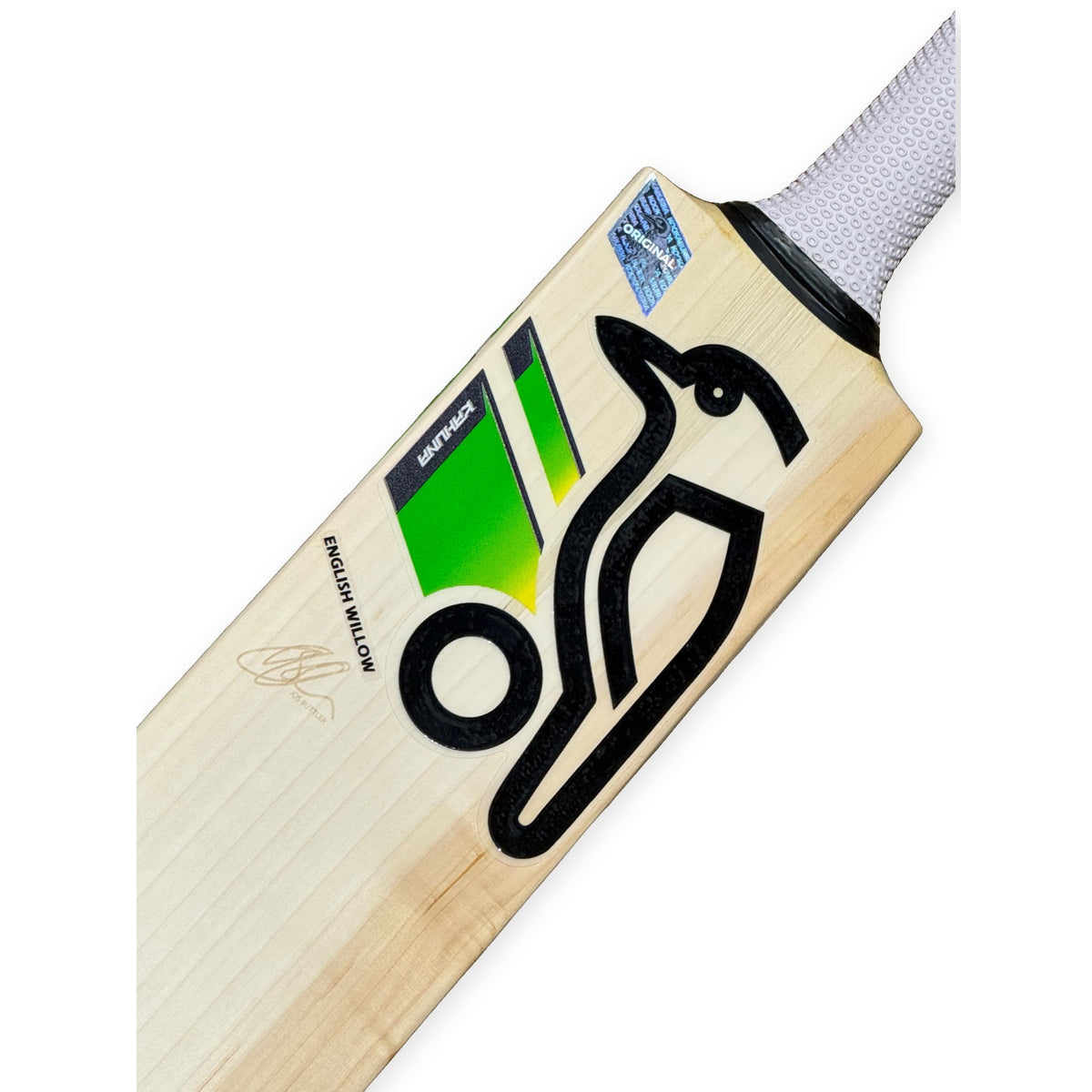 Kookaburra Kahuna cricket bat shoulder, Kahuna and English Willow labels close-up