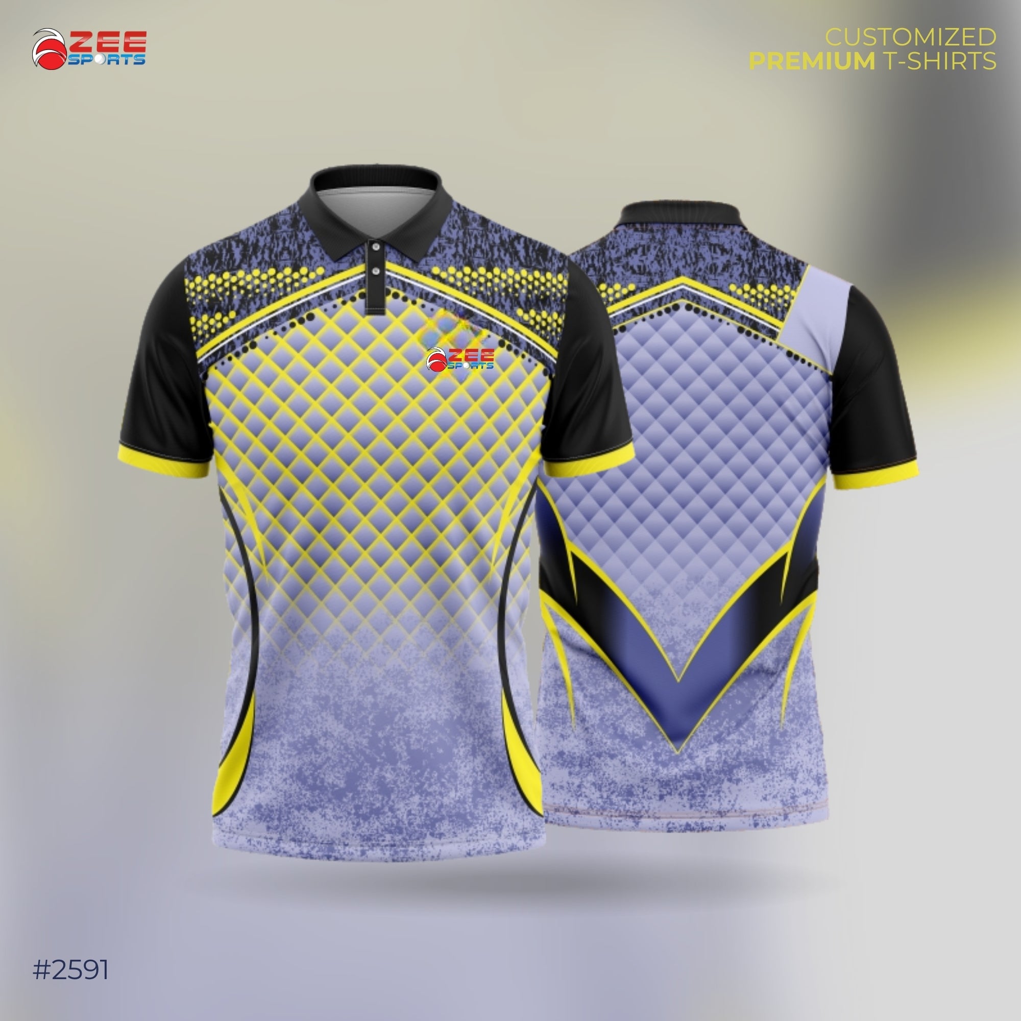 ZEE Sports customized premium t-shirt with black, yellow, and blue design on a gradient background