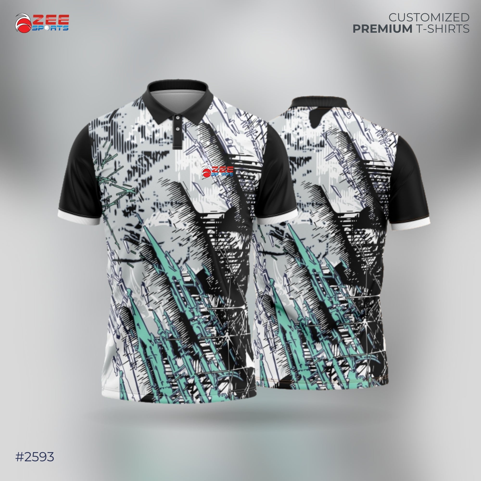 Black and white patterned t-shirt with green accents on a gray background, featuring Zee Sports logo.