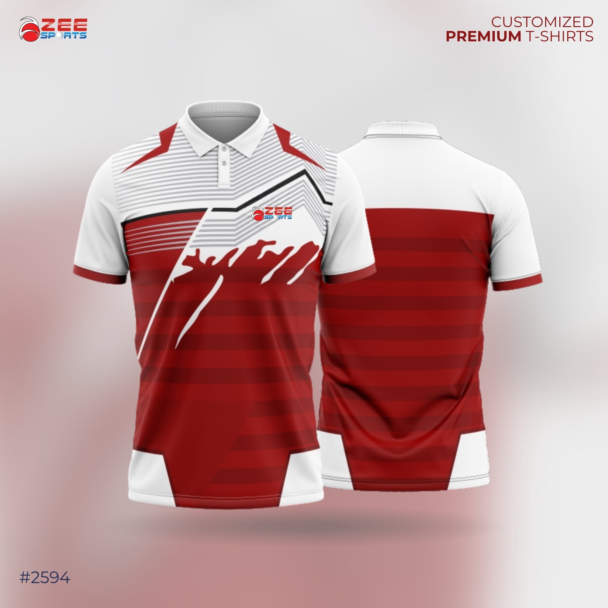 Red and white striped t-shirt with zee sports brand logo on a gradient background