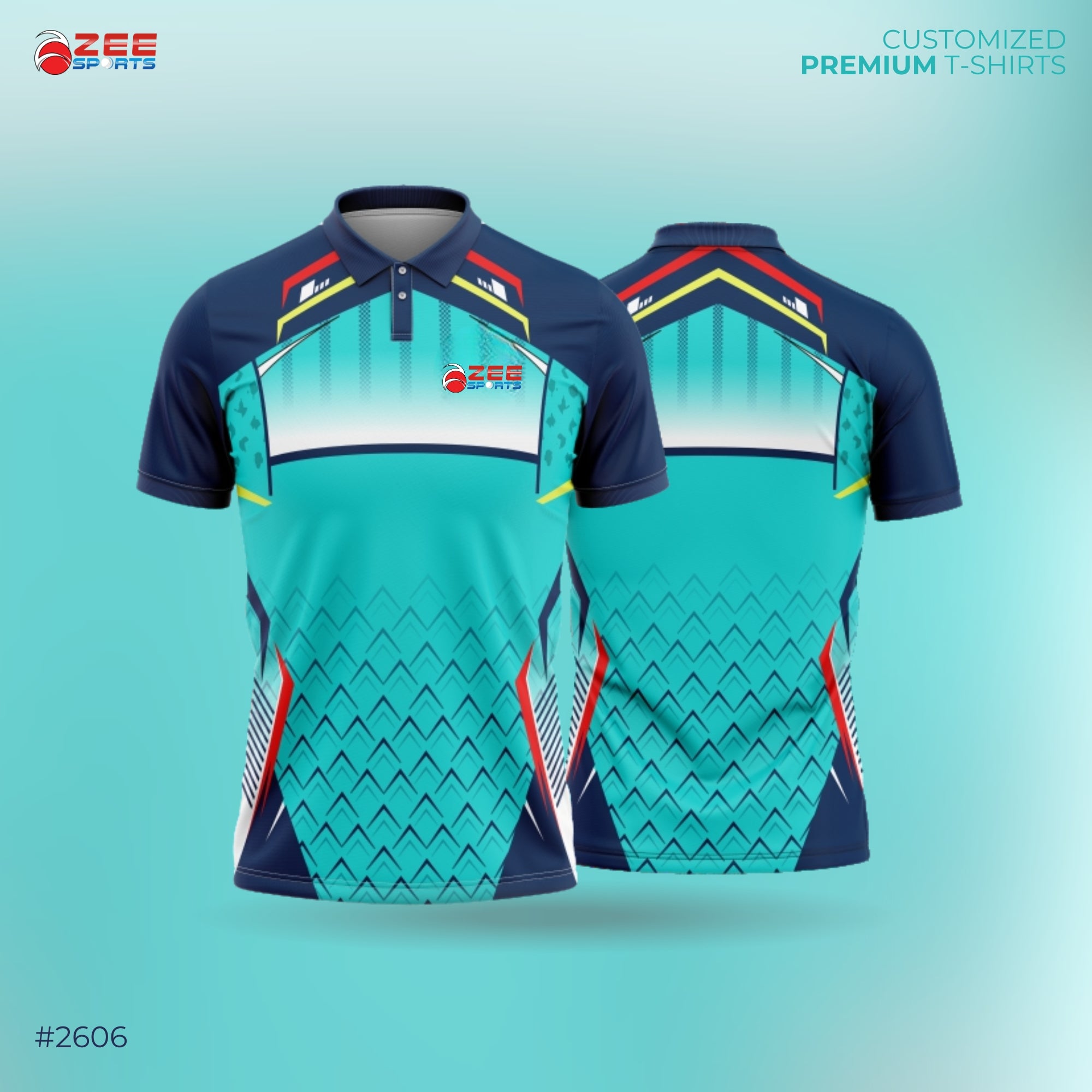 Teal and navy sports jersey with zeesports logo with geometric pattern on a light blue background