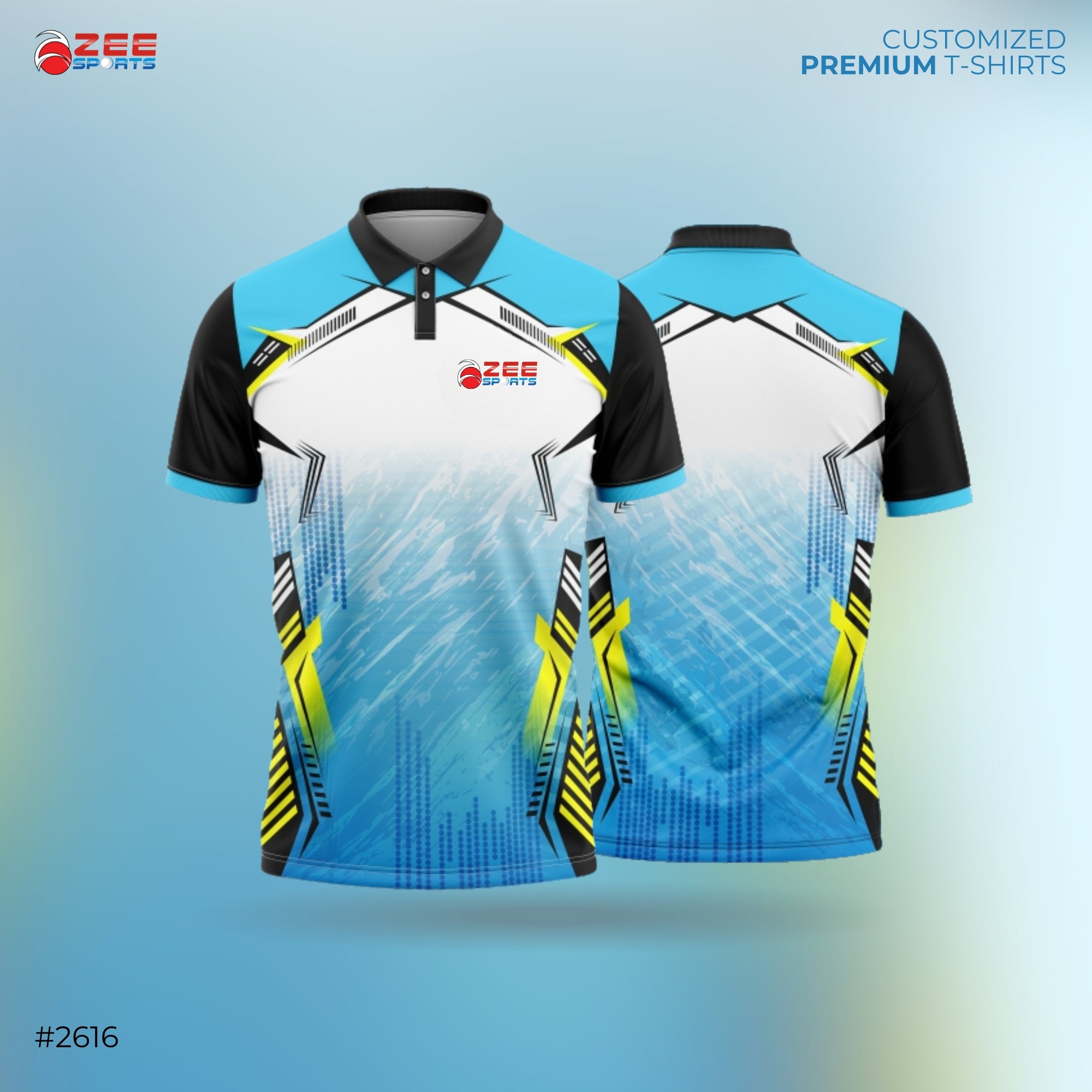 Zee Sports customized premium t-shirt with blue, black, and yellow design on a gradient background