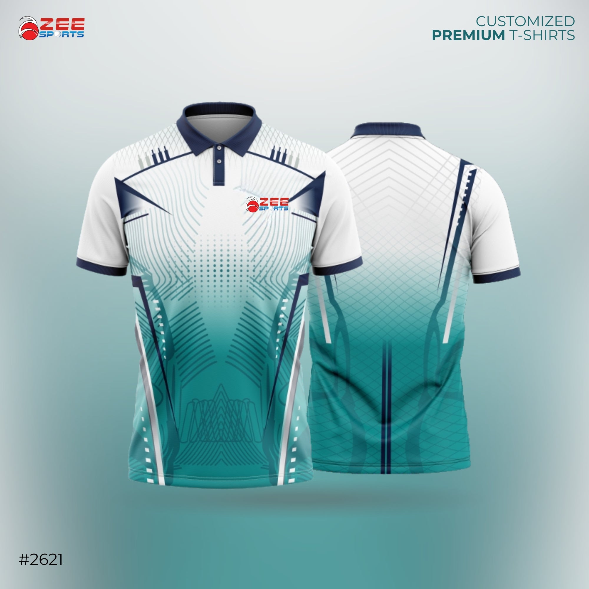 White and teal t-shirt with geometric pattern, ZEE Sports logo on a light gray background