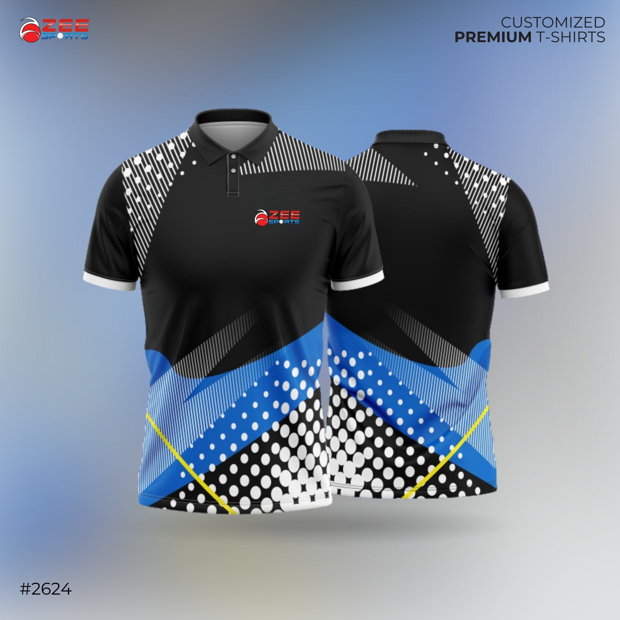 Black and blue patterned t-shirt with a zeesports logo on a gradient background