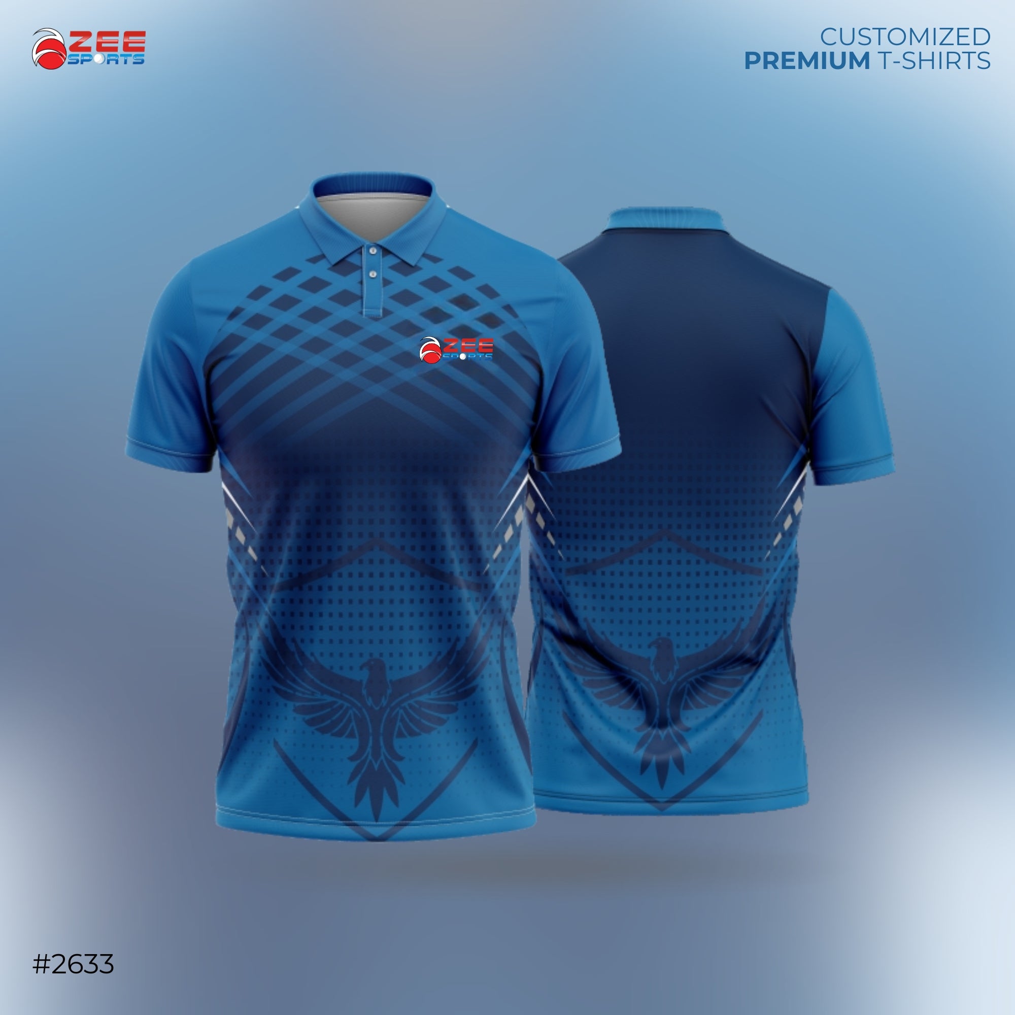 Blue and black sports jersey with zeesports brand logo on a gradient background