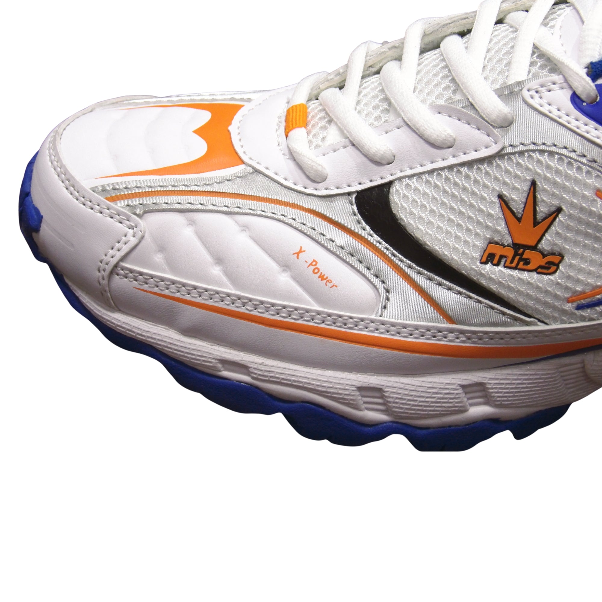 Mids Cricket Shoes, Model X Power - White/Orange/Royal Blue
