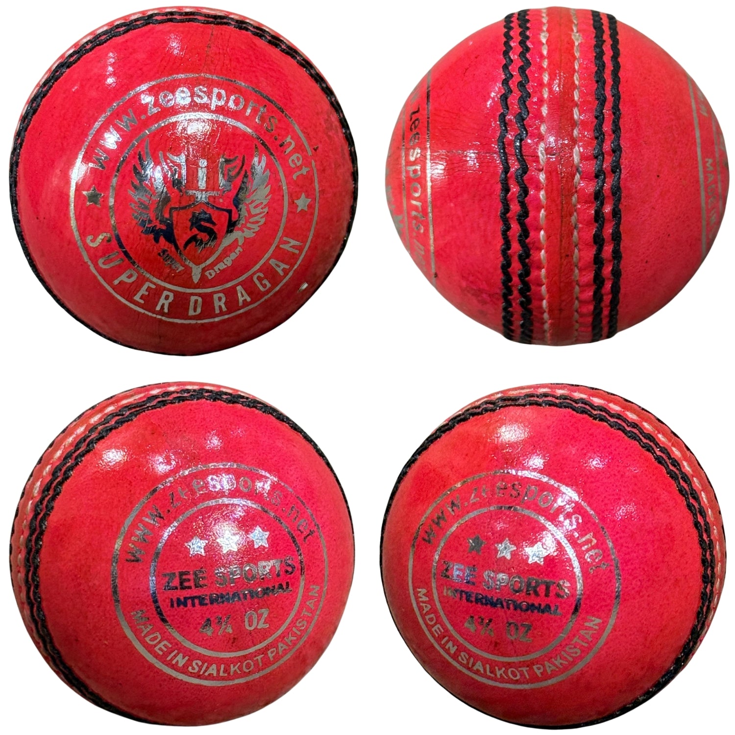Four Pink cricket balls with visible branding on a white background