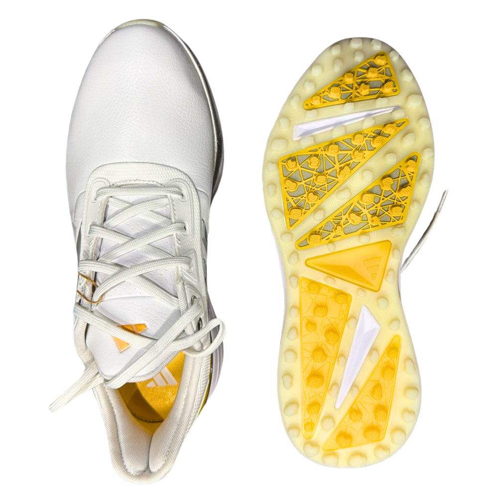 Adidas Cricket/Golf Light-strike shoes, seen from the upper and lower angles, highlighting the modern design, lace closure, and spokeless outsole offering excellent grip and comfort on the field.