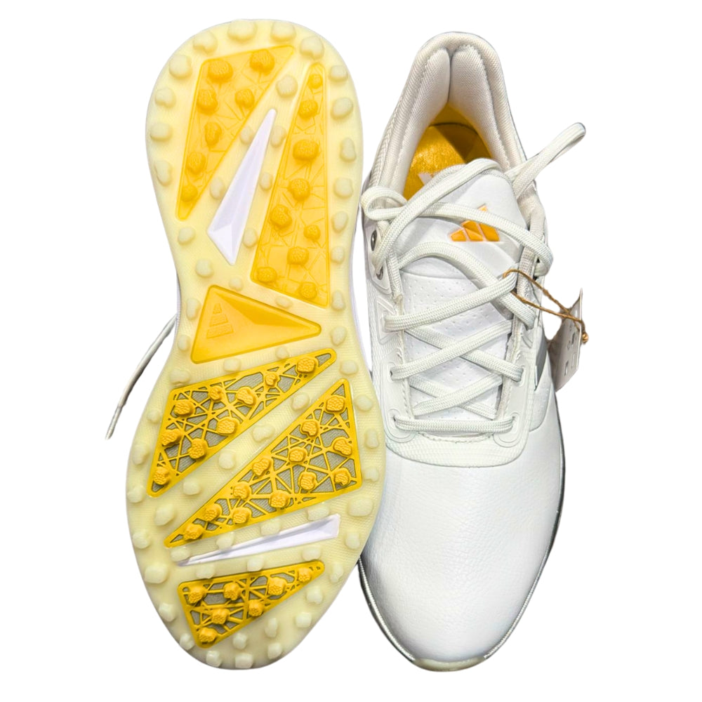 Detailed upper and lower shots of the Adidas Cricket/Golf Light-strike shoes, emphasizing the breathable, waterproof knit upper and the spokeless twist grip outsole for reliable performance.