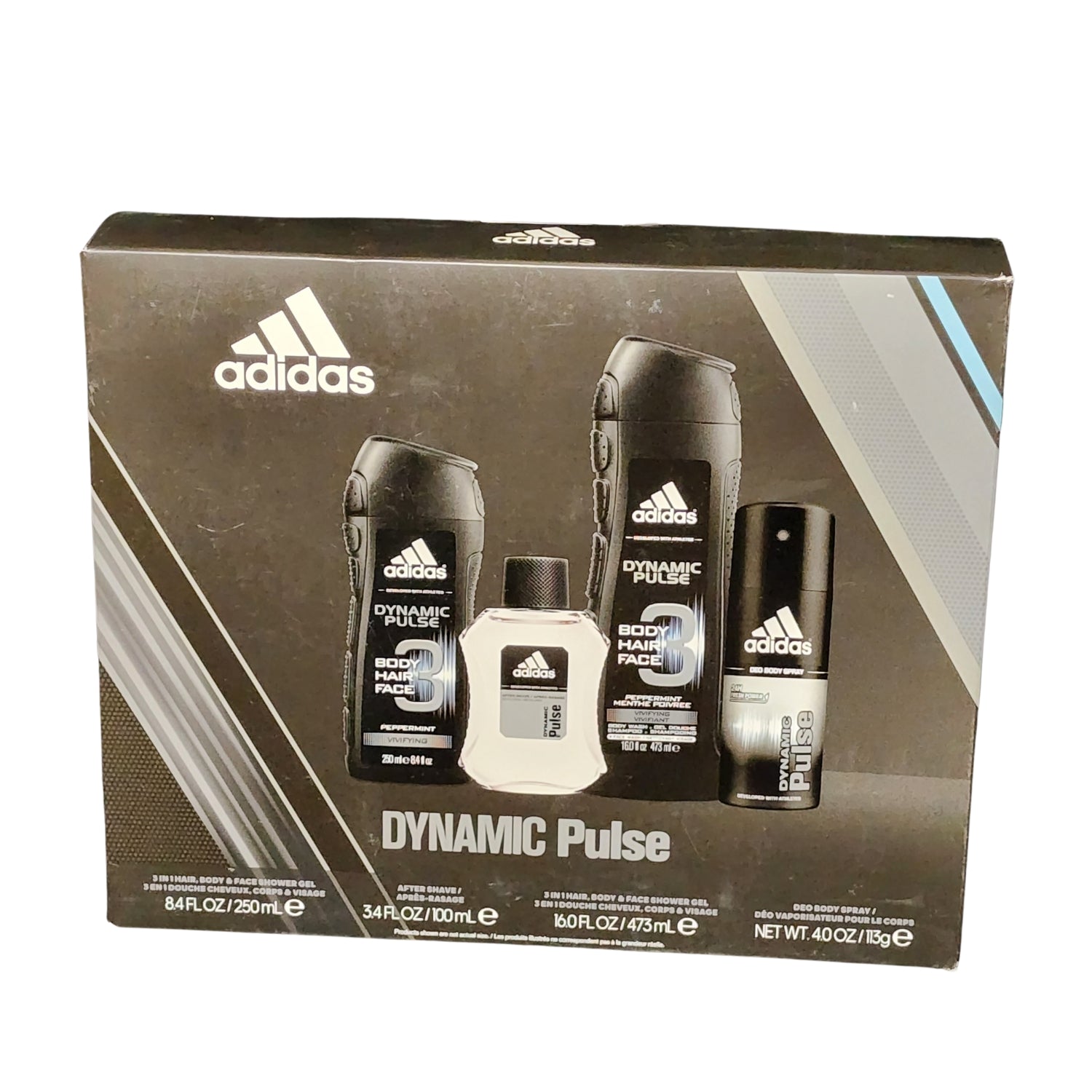 Front view of the Adidas Refresh Kit carton in black, showcasing the sleek design, bold Adidas branding, and premium fragrance packaging, angled to highlight dynamic freshness for the modern athlete.