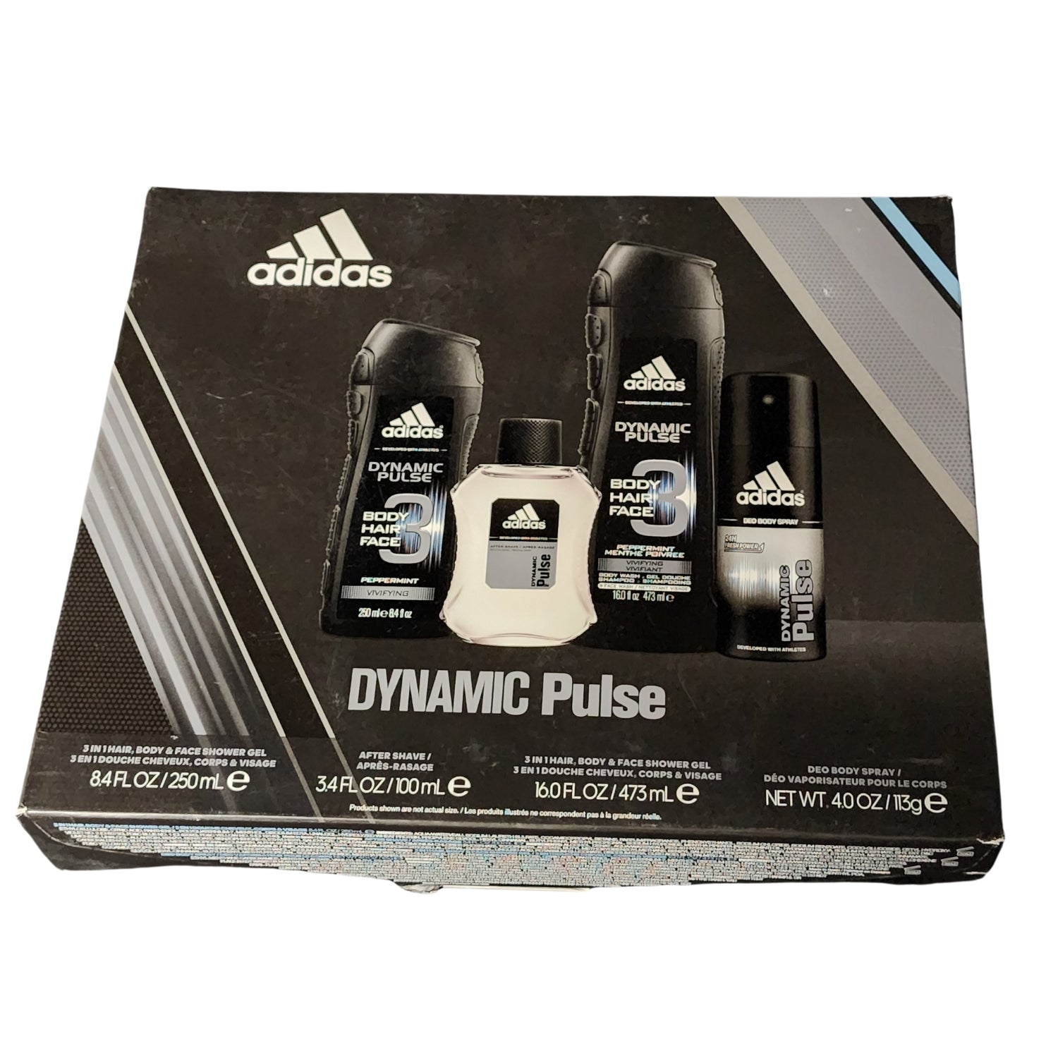 Angled front view of the Adidas Refresh Kit carton in black, emphasizing the stylish design, iconic Adidas logo, and the versatile scent kit tailored for active lifestyles.