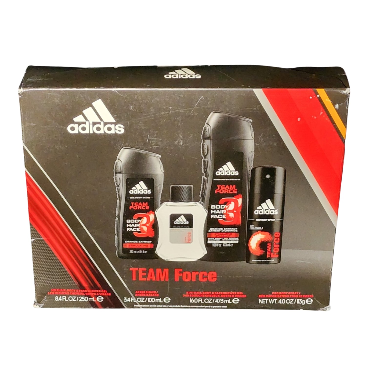 Front view of the Adidas Refresh Kit carton in red, showcasing bold Adidas branding, vibrant packaging design, and sleek aesthetics, ideal for athletes seeking dynamic freshness.