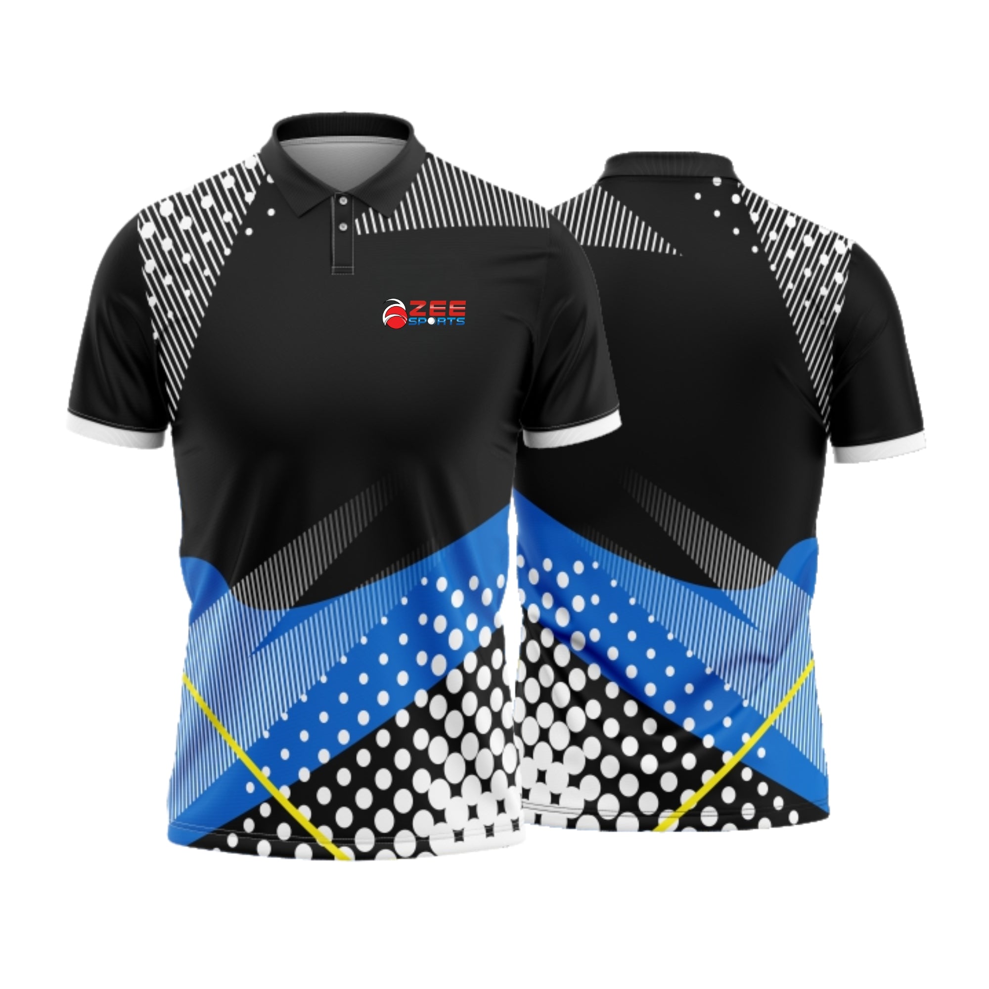 Black and blue sports jersey with geometric patterns on a white background