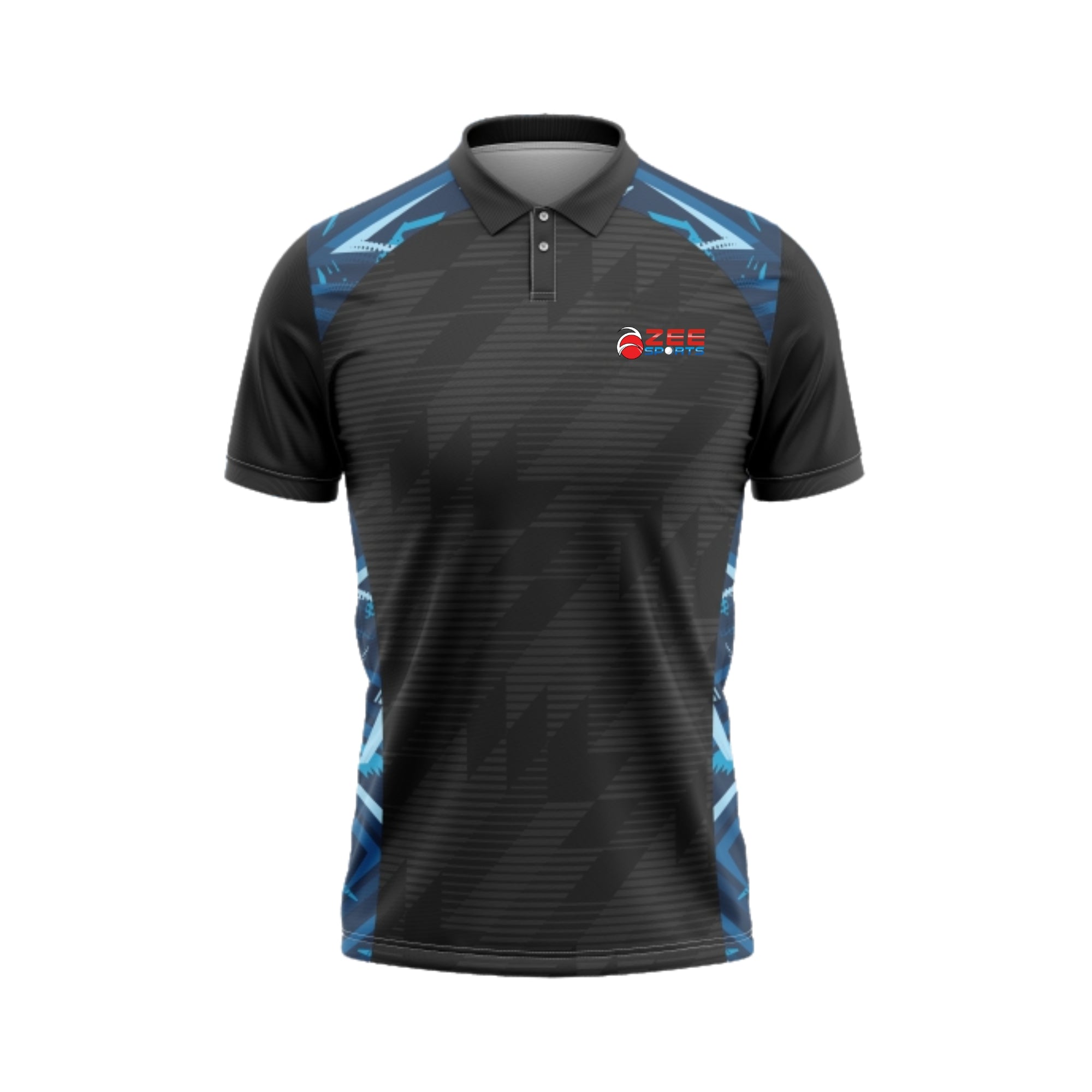 Black polo shirt with blue accents and a logo on a white background