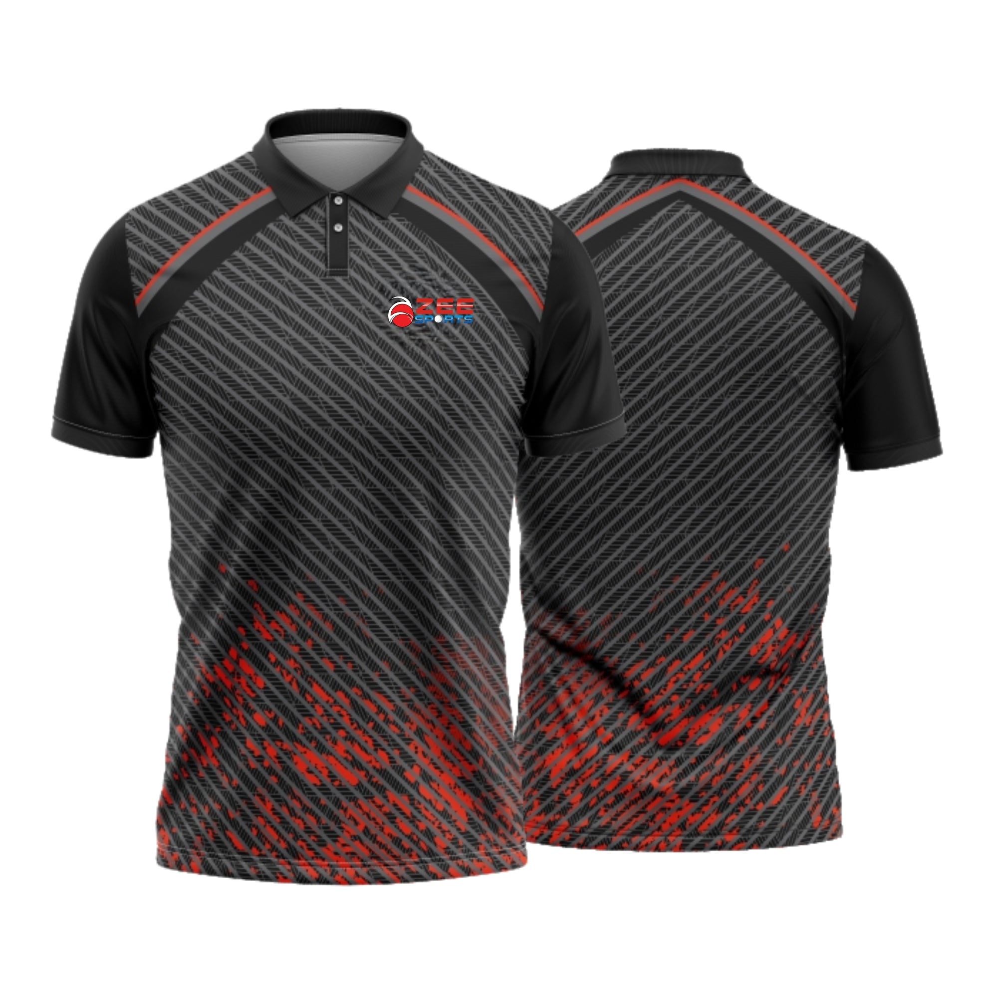 Black and red patterned polo shirt with a logo on a white background