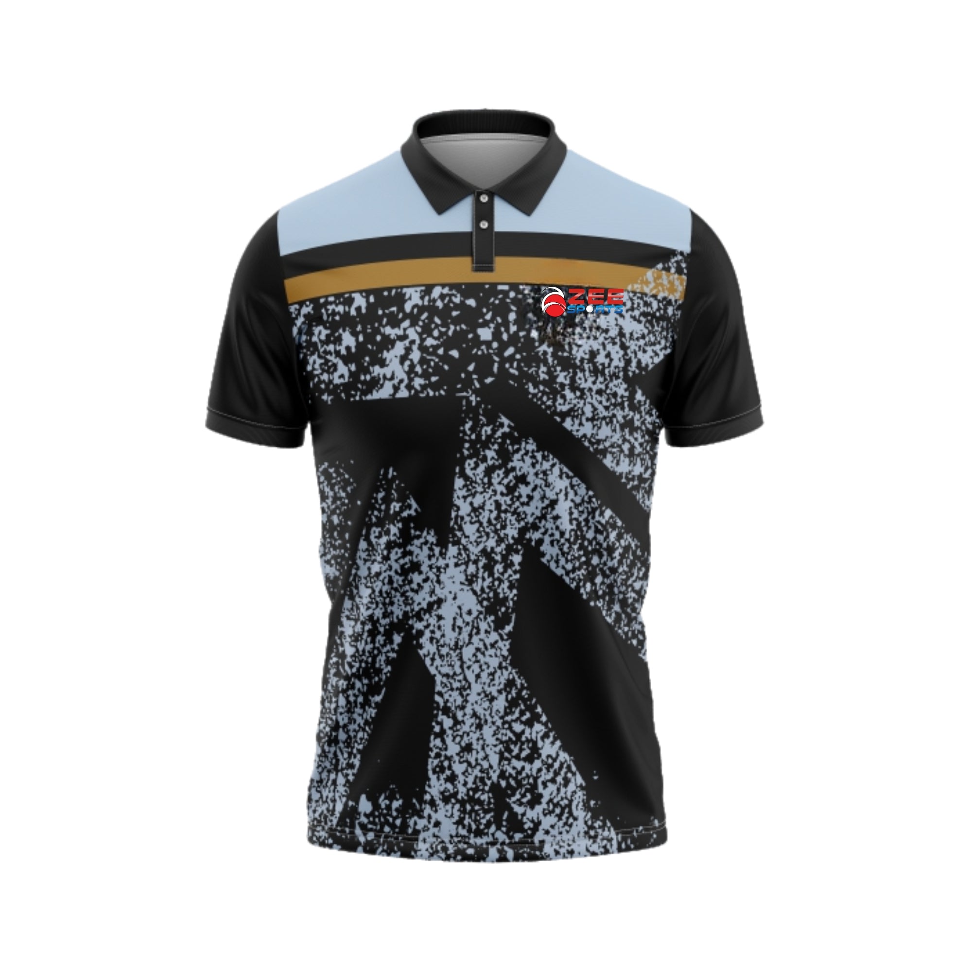 Black and gray patterned polo shirt with a brand logo on a white background