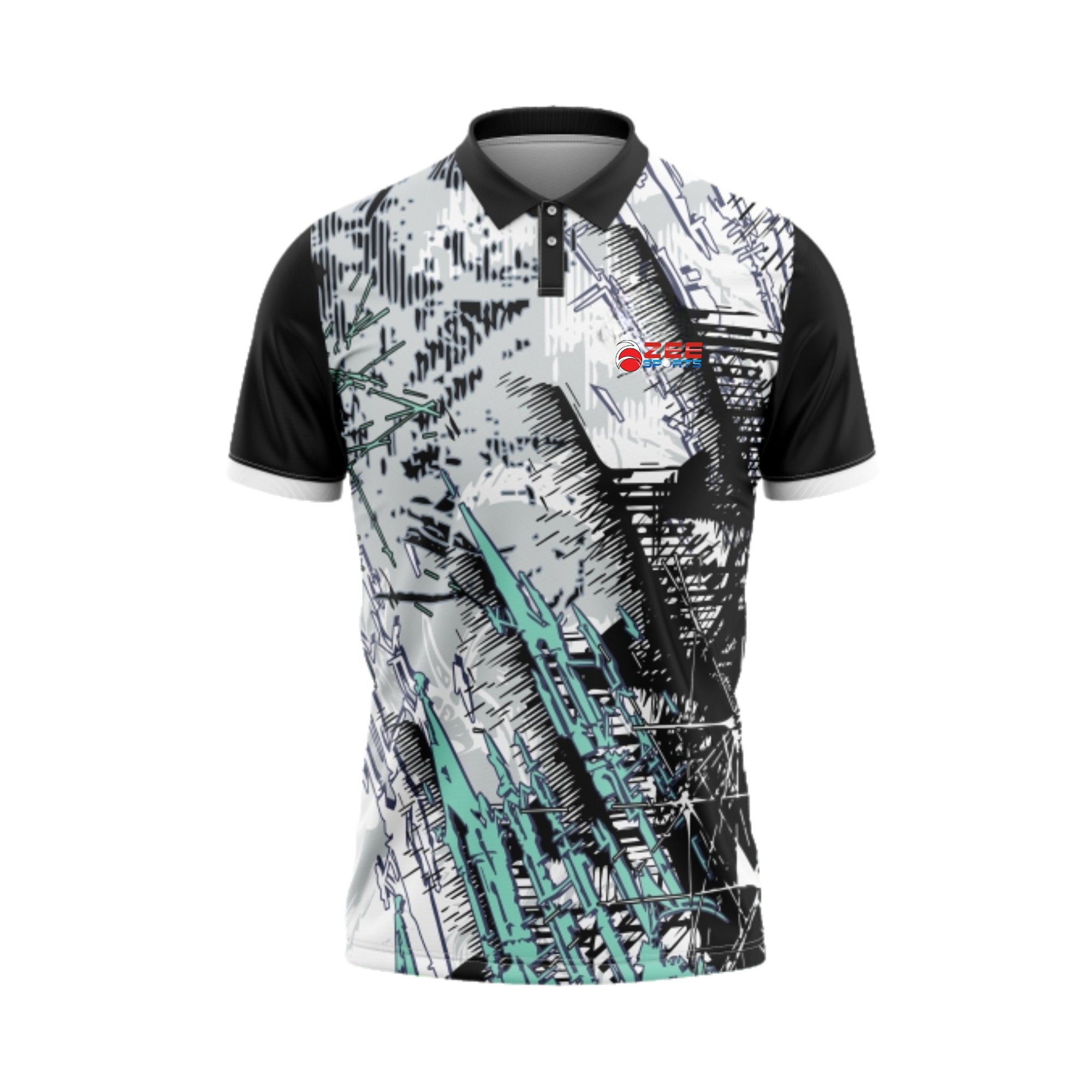 Polo shirt with black and white abstract design on a white background