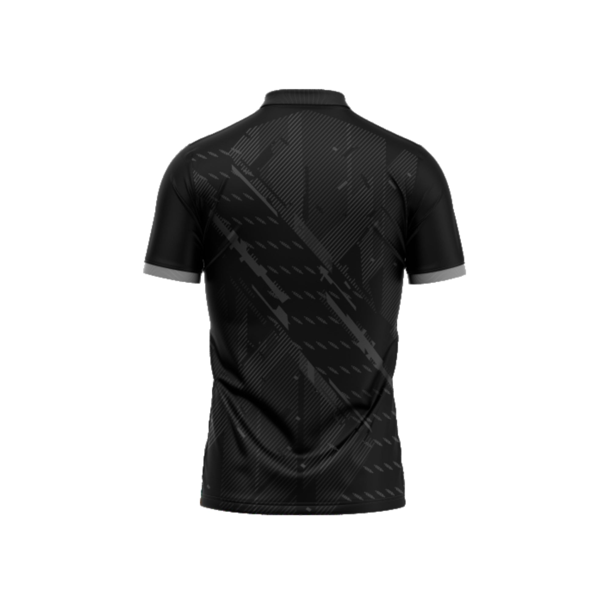 Black sports jersey with geometric pattern on a white background