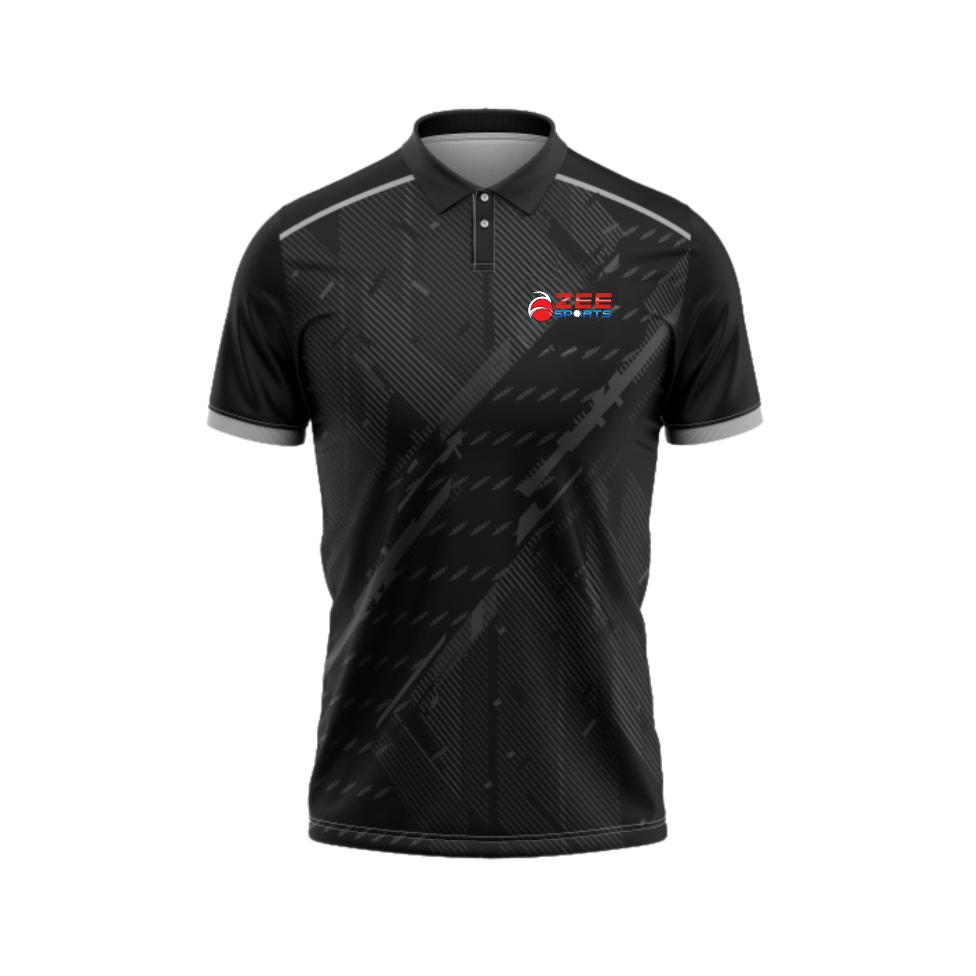 Black polo shirt with a logo on a white background