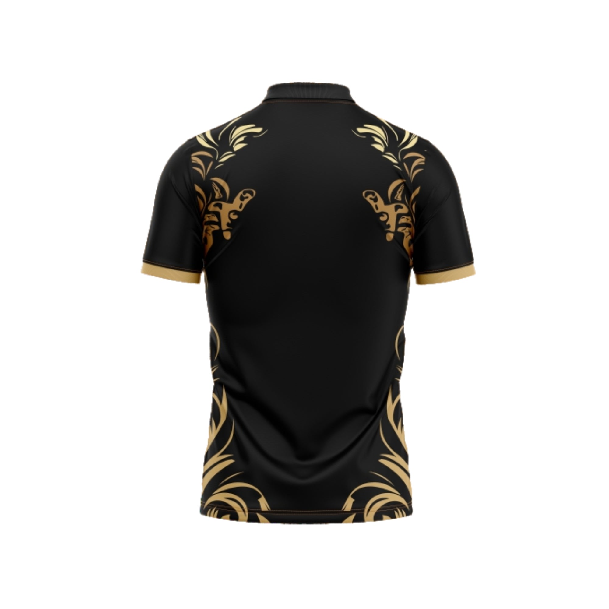 Black shirt with gold patterns on a white background