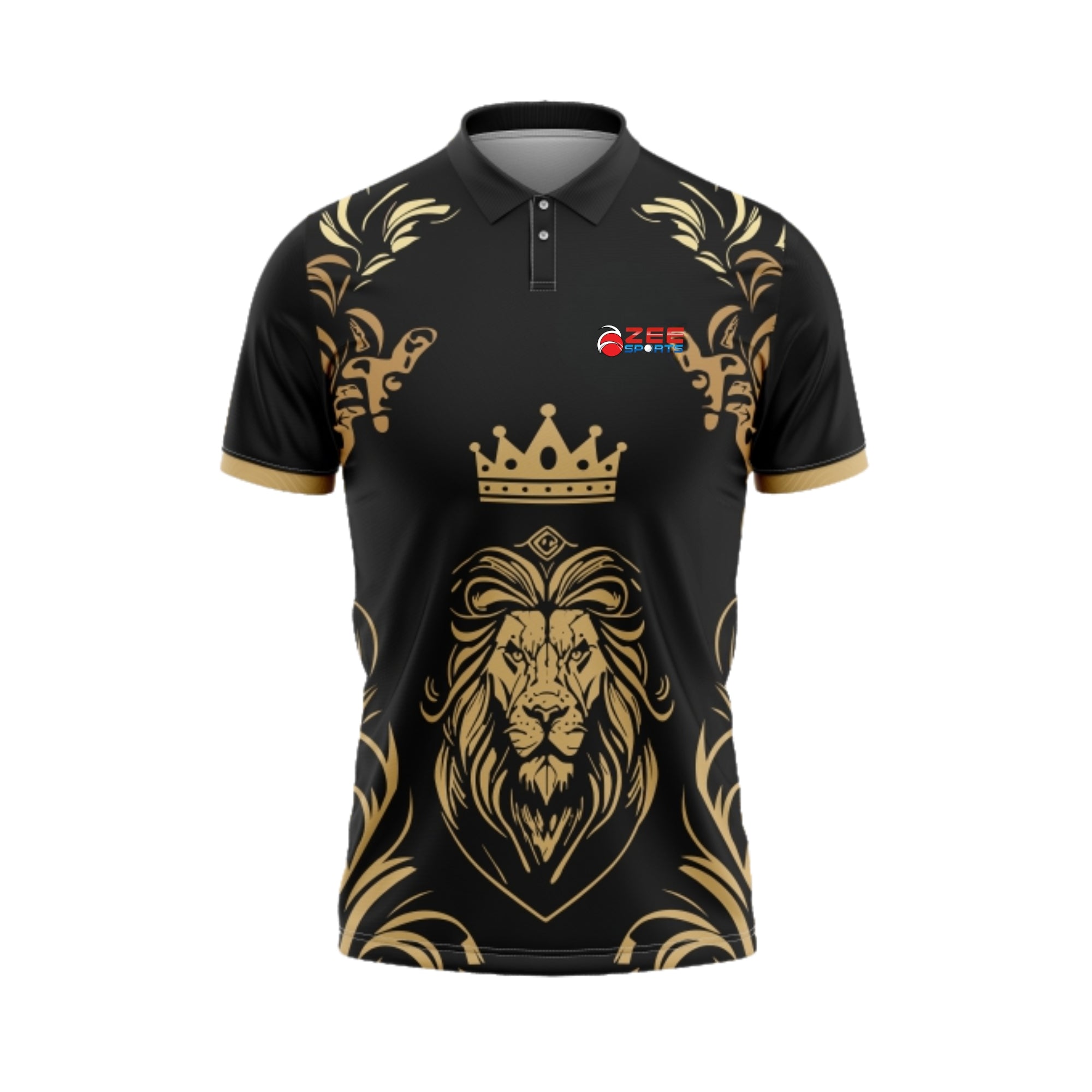 Black polo shirt with gold lion design and crown on a white background