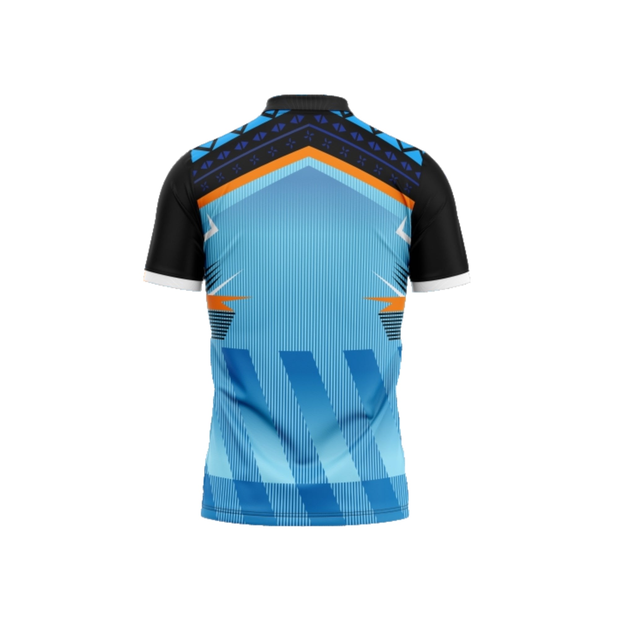 Colorful sports jersey with geometric pattern on a white background
