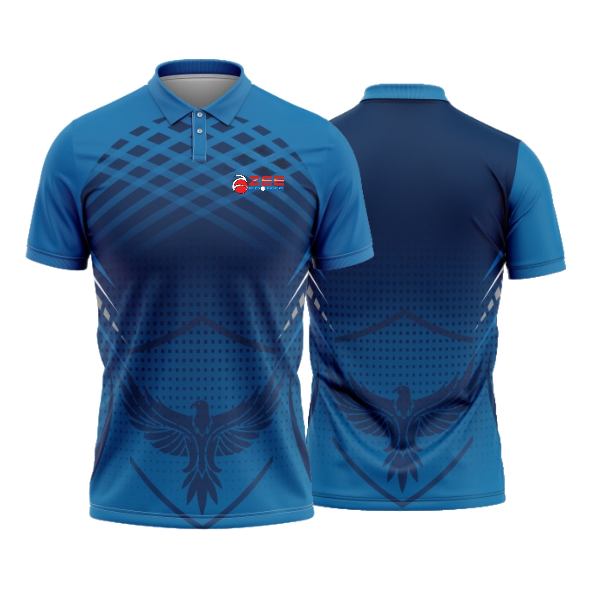 Blue polo shirt with a logo on the chest, shown from front and back views