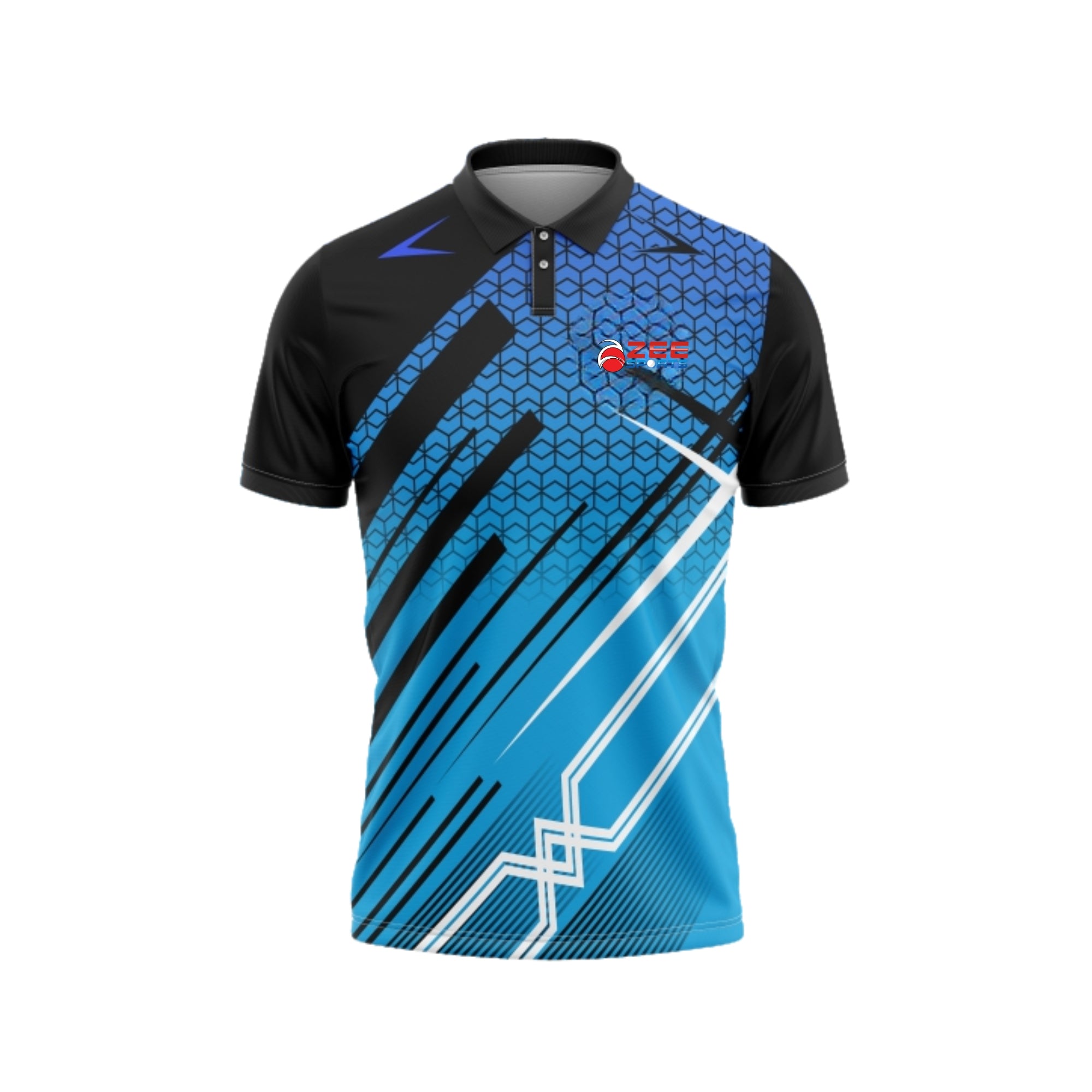 Blue and black sports jersey with geometric pattern on a white background