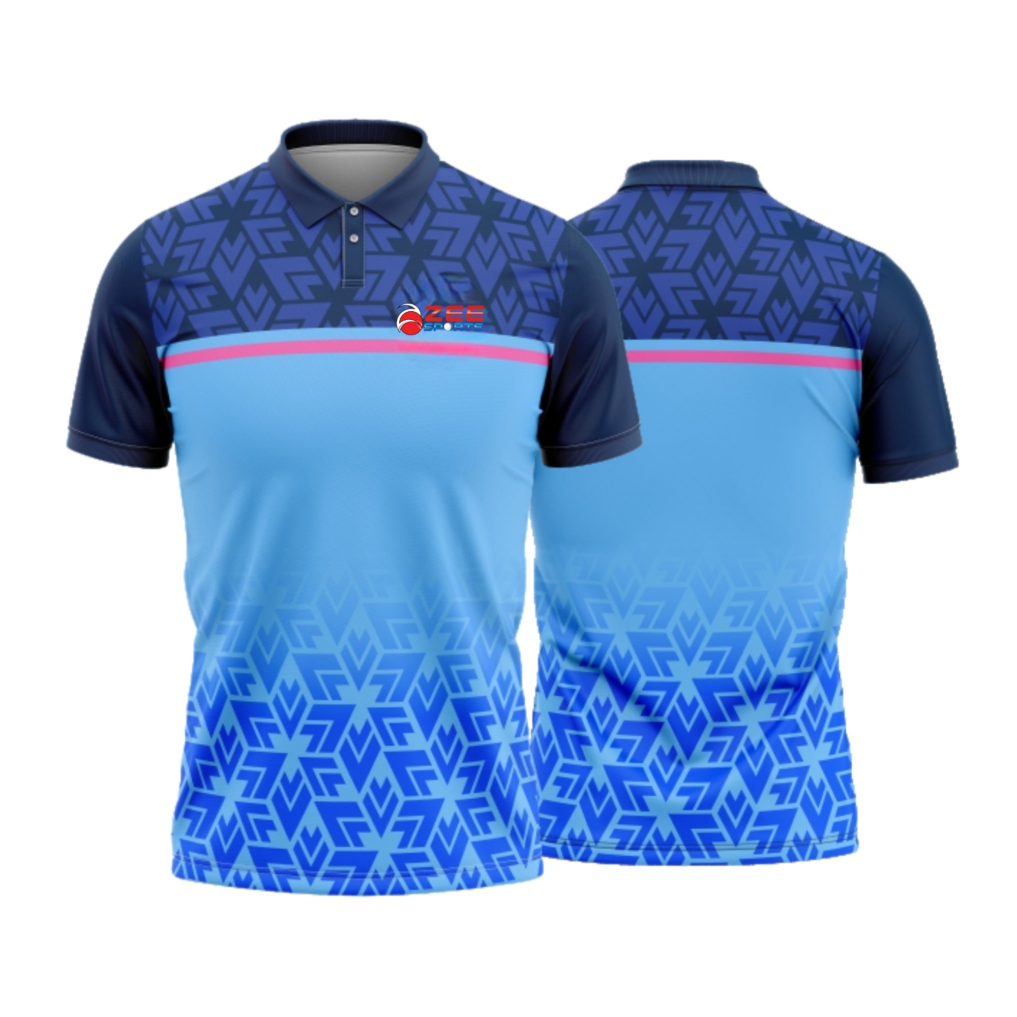 Blue and navy patterned polo shirt with a visible brand logo on a white background