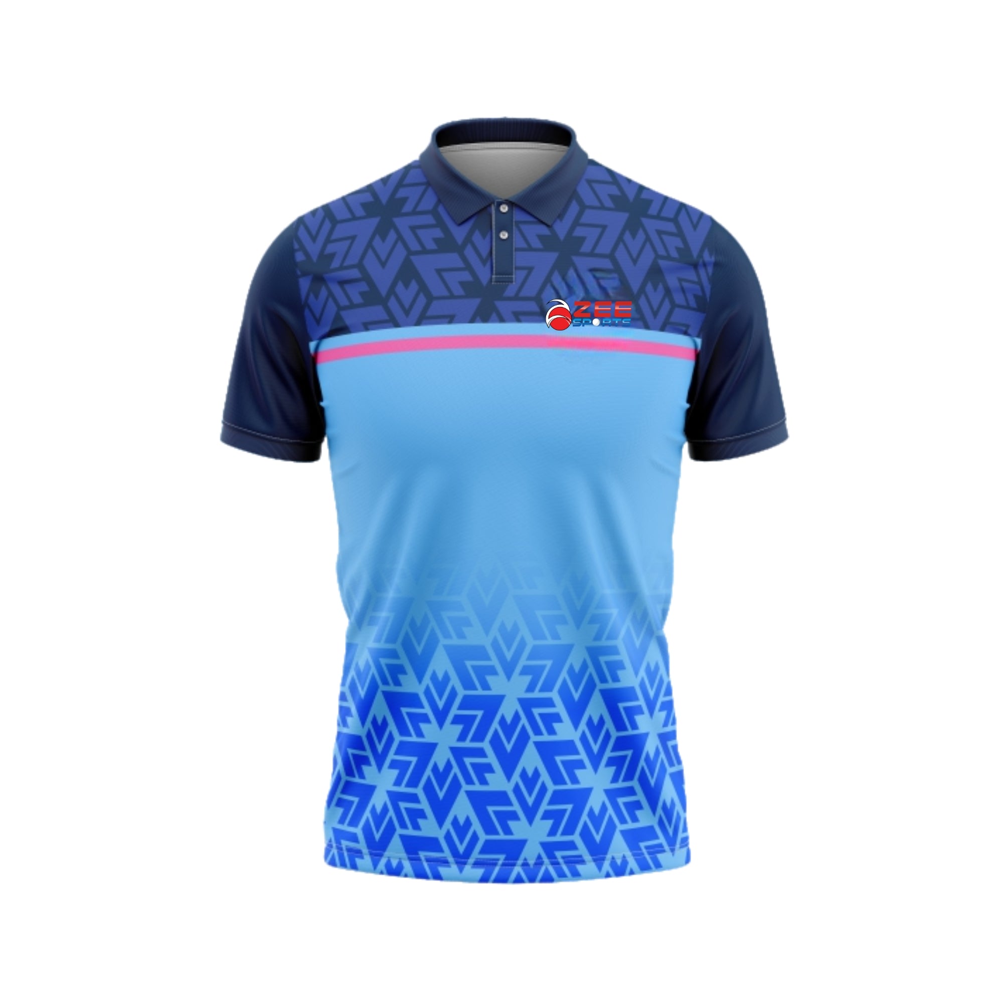 Blue and navy patterned polo shirt with a logo on a white background