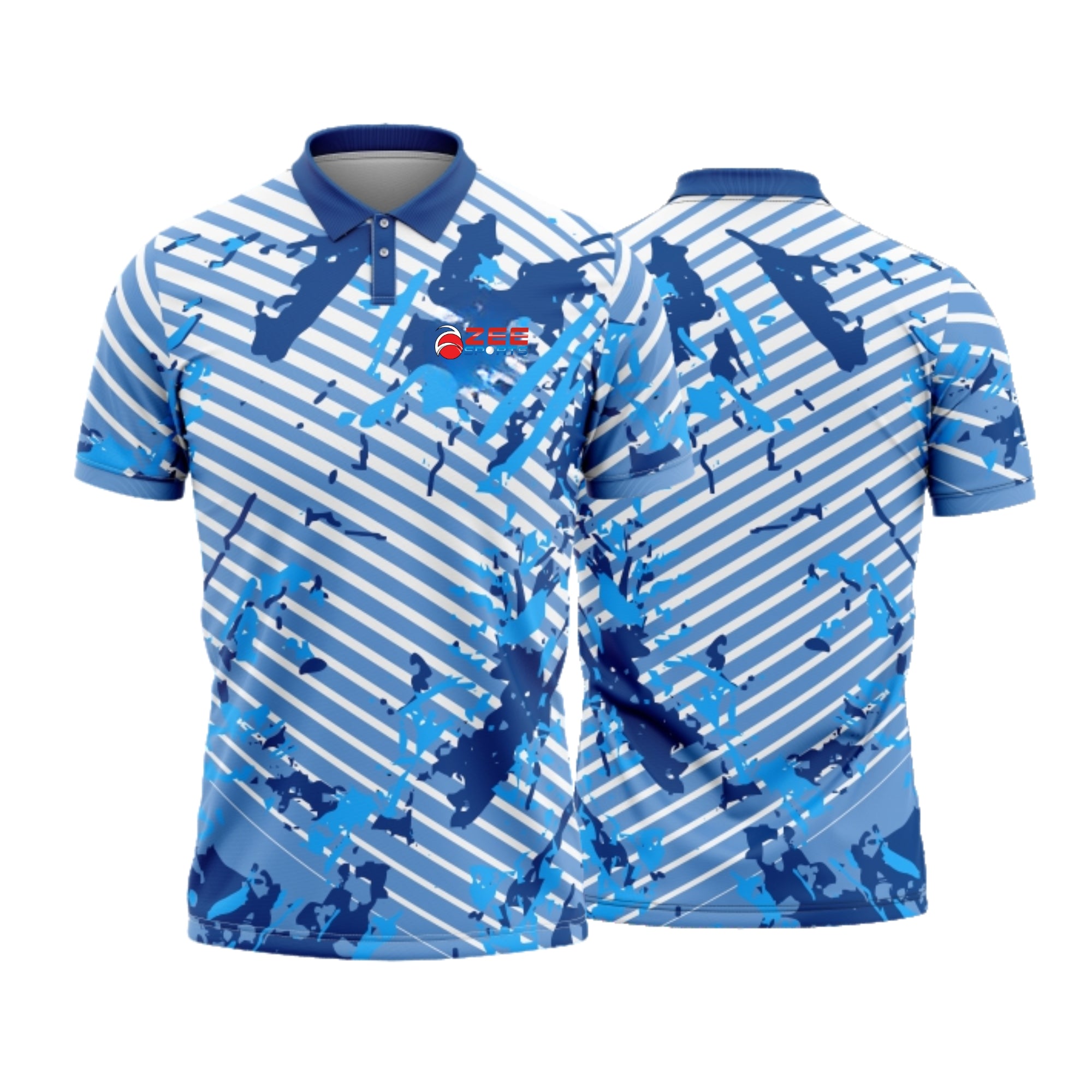 Blue and white patterned shirt with a brand logo on a white background