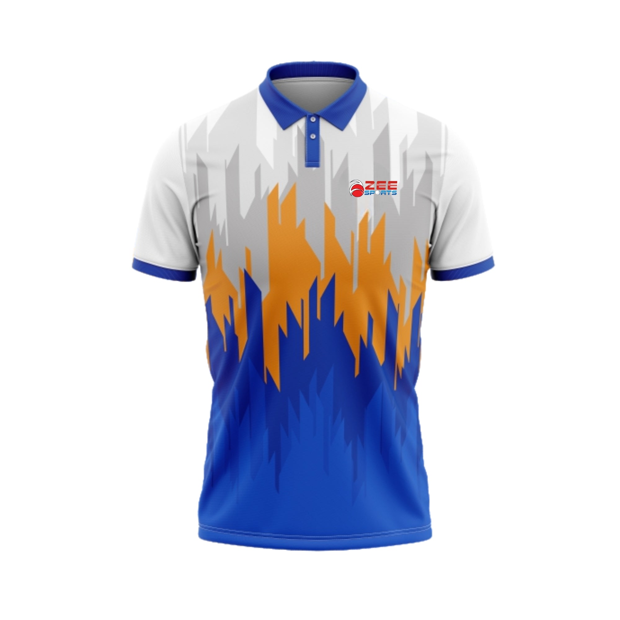 White and blue sports jersey with orange flame design on a white background